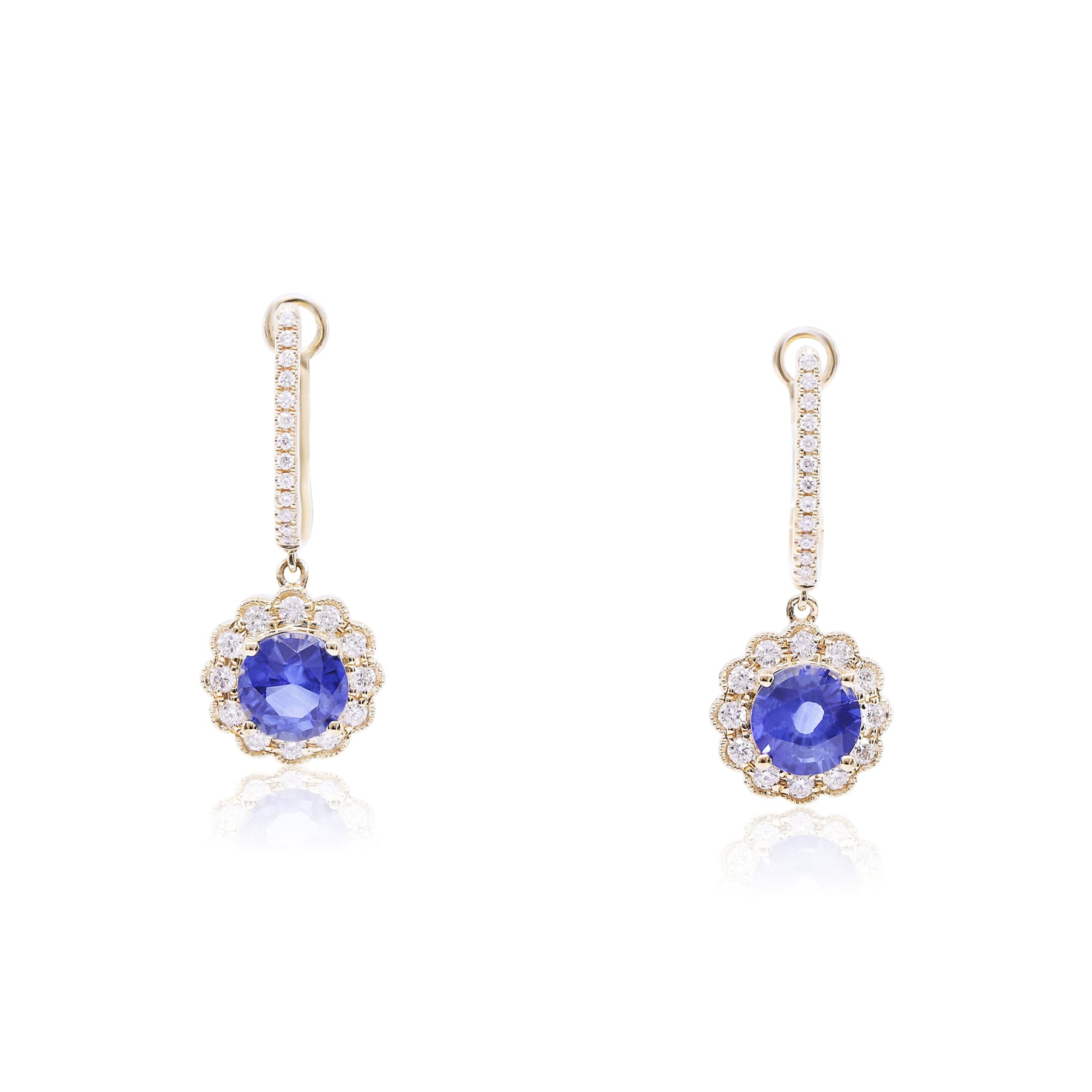 18K YELLOW GOLD BLUE SAPPHIRE AND BLOSSOM DIAMOND HALO DROP U-HOOP EARRINGS