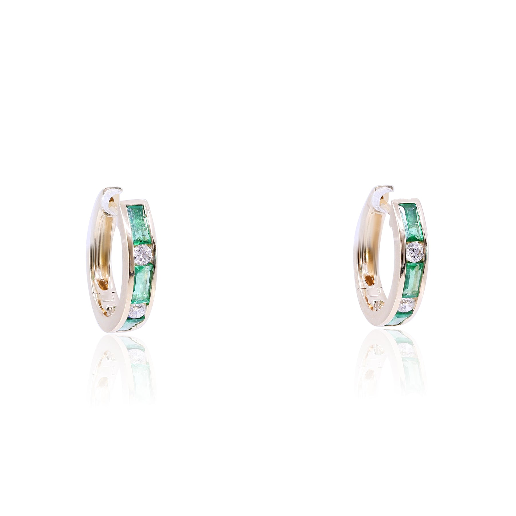 14K YELLOW GOLD EMERALD AND DIAMOND HUGGIE EARRINGS