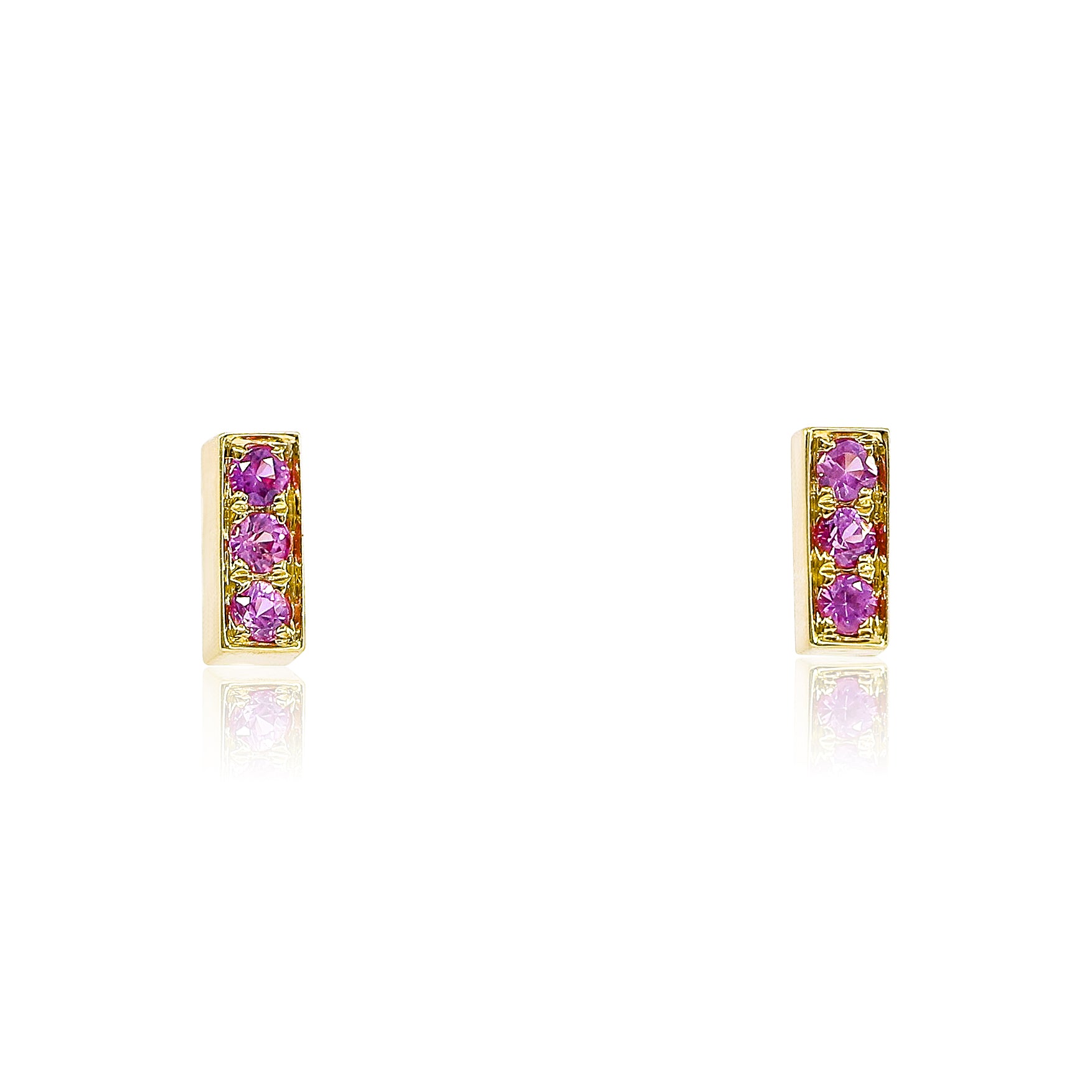 18K YELLOW GOLD PINK SAPPHIRE BAR STUD EARRINGS