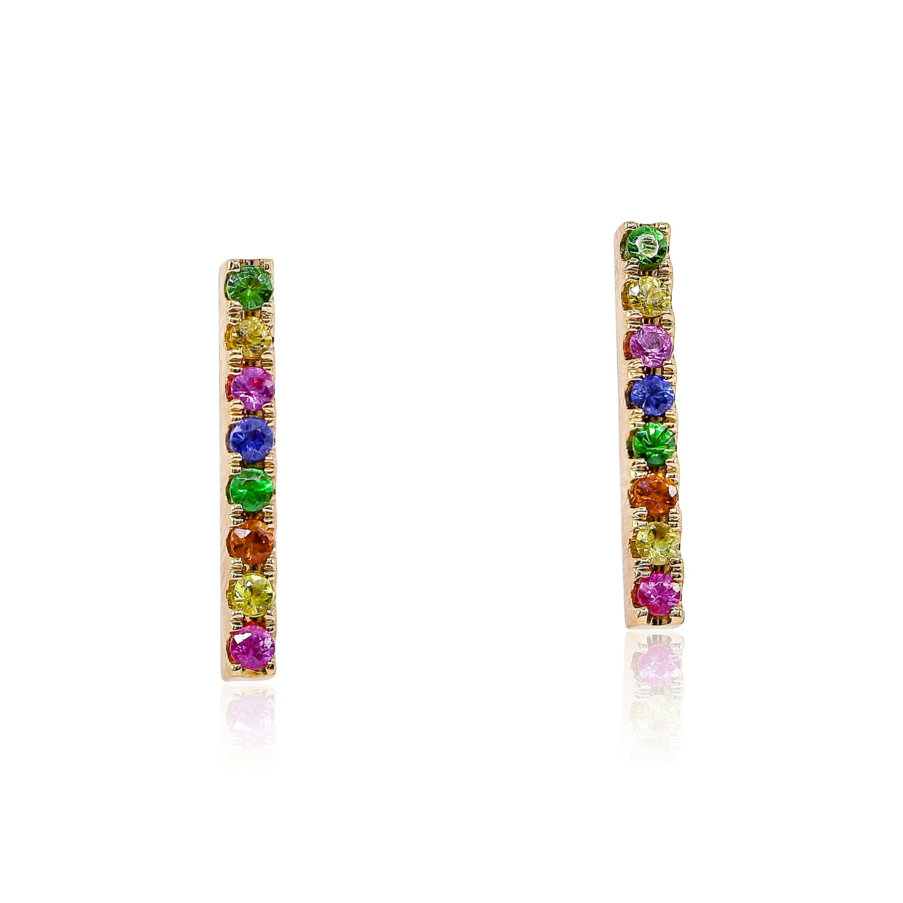 18K ROSE GOLD RAINBOW SAPPHIRE BAR STUD EARRINGS