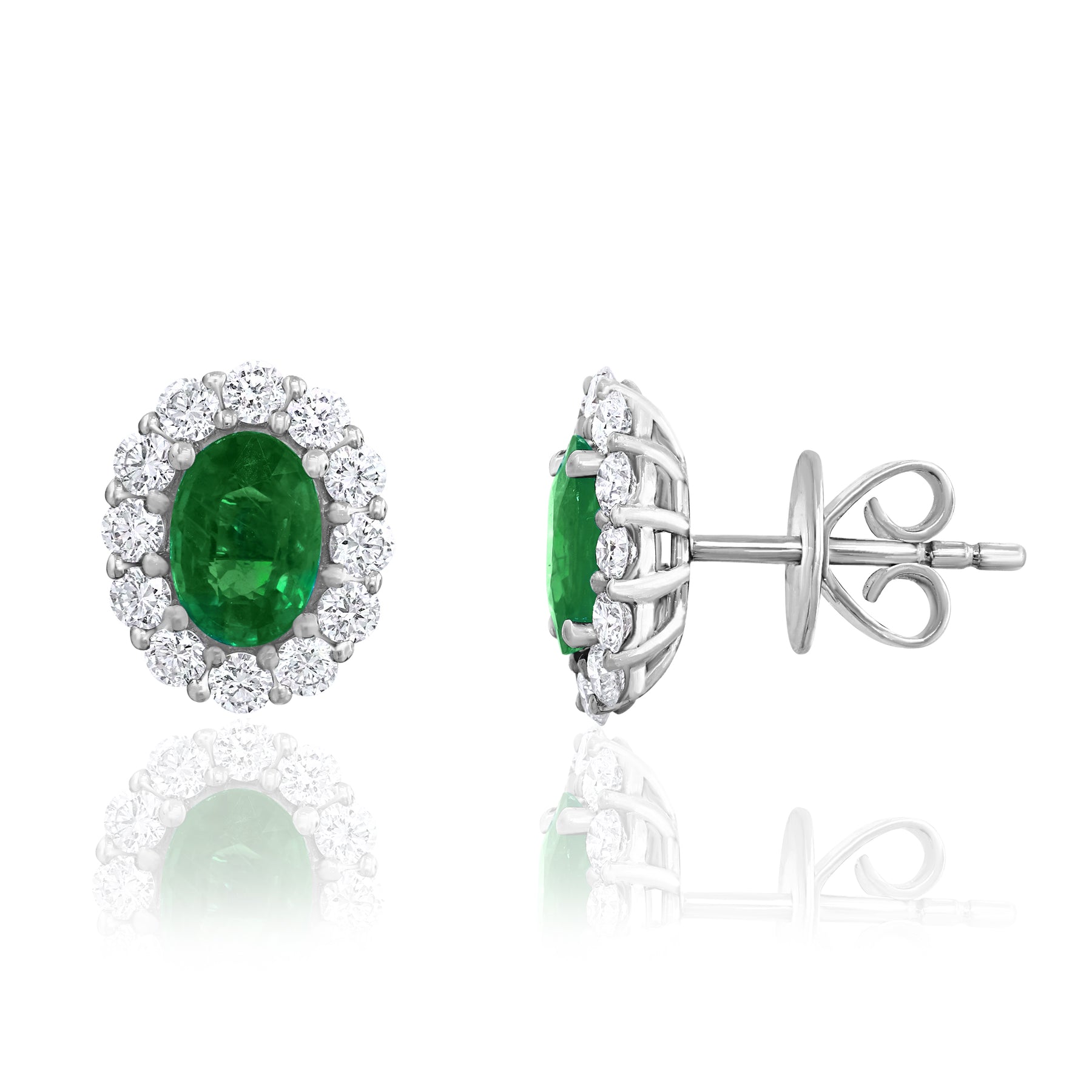 18K WHITE GOLD OVAL EMERALD DIAMOND STUD EARRINGS