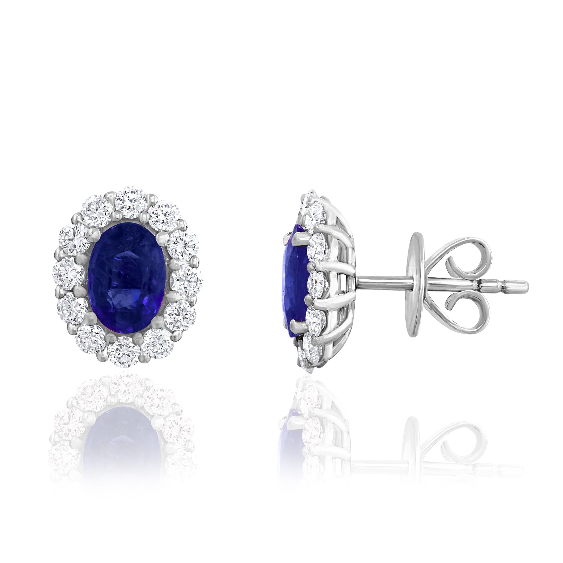 18K WHITE GOLD OVAL SAPPHIRE DIAMOND STUD EARRINGS