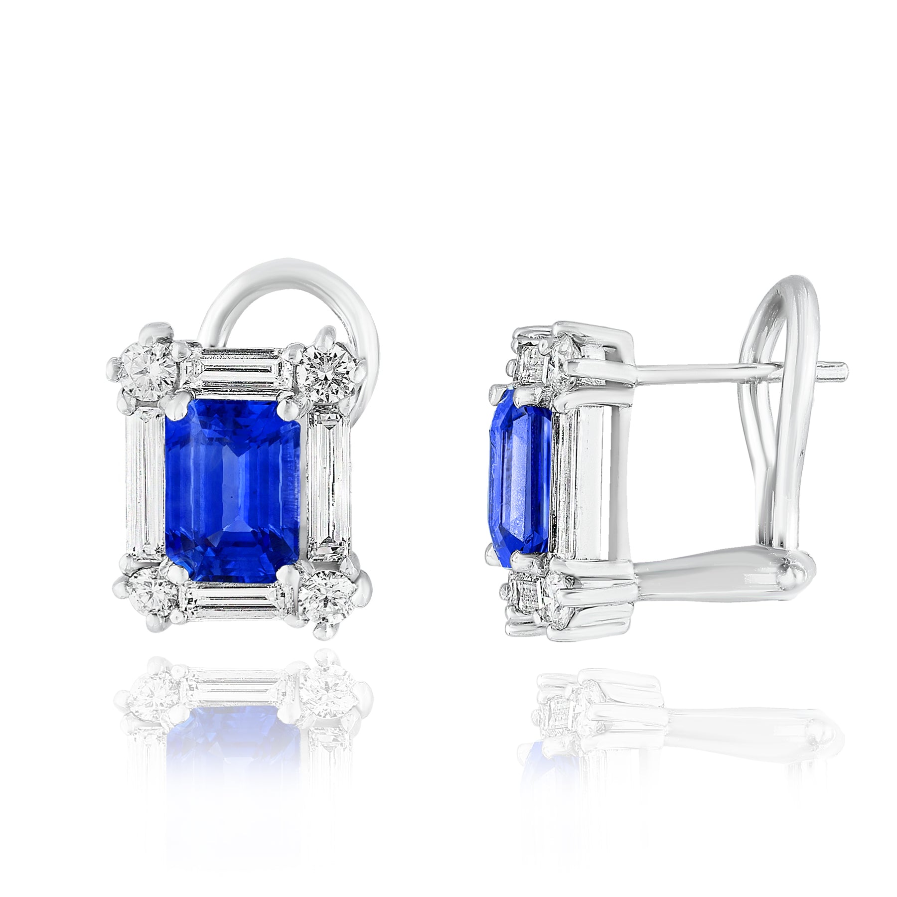 14K WHITE GOLD SAPPHIRE AND DIAMOND OMEGA POST EARRINGS WITH EMERALD-CUT DIAMOND FRAMES