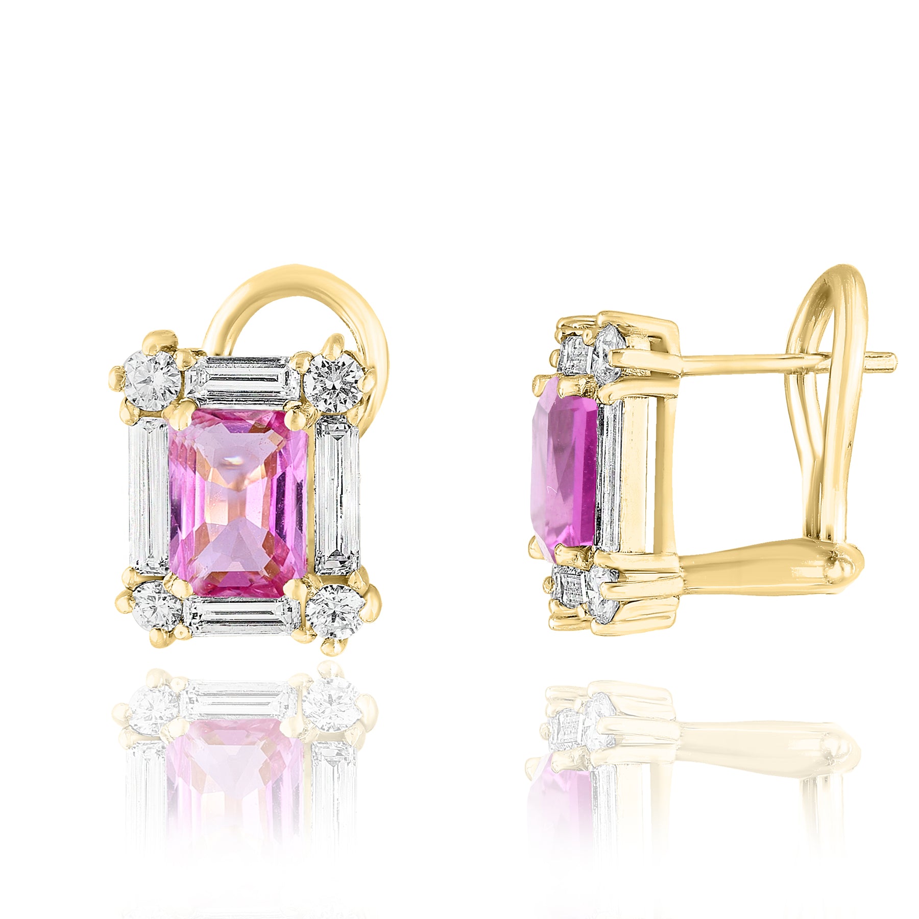 14K YELLOW GOLD PINK SAPPHIRE DIAMOND OMEGA BACK EARRINGS