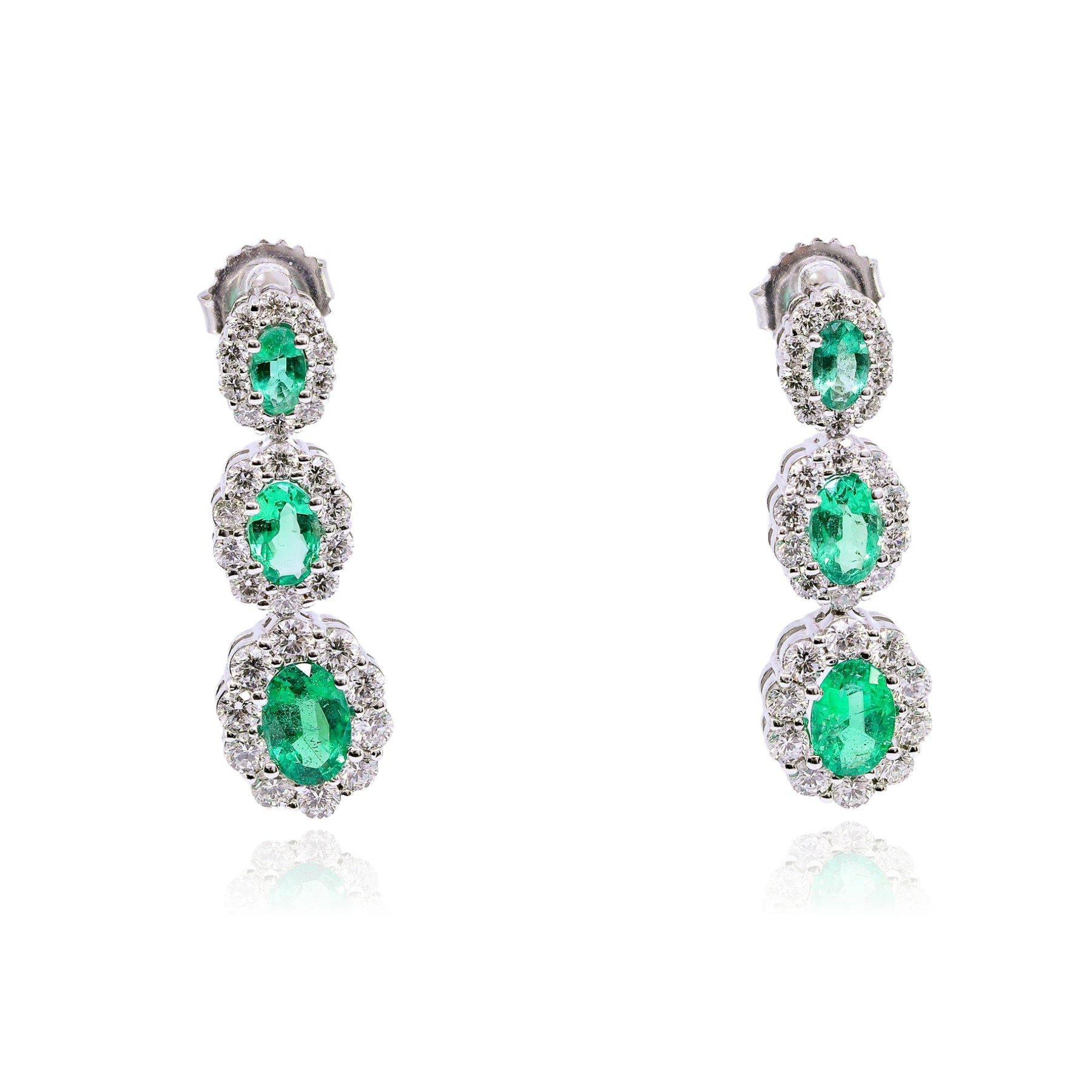 14K WHITE GOLD OVAL EMERALD DIAMOND TRIPLE DROP EARRINGS