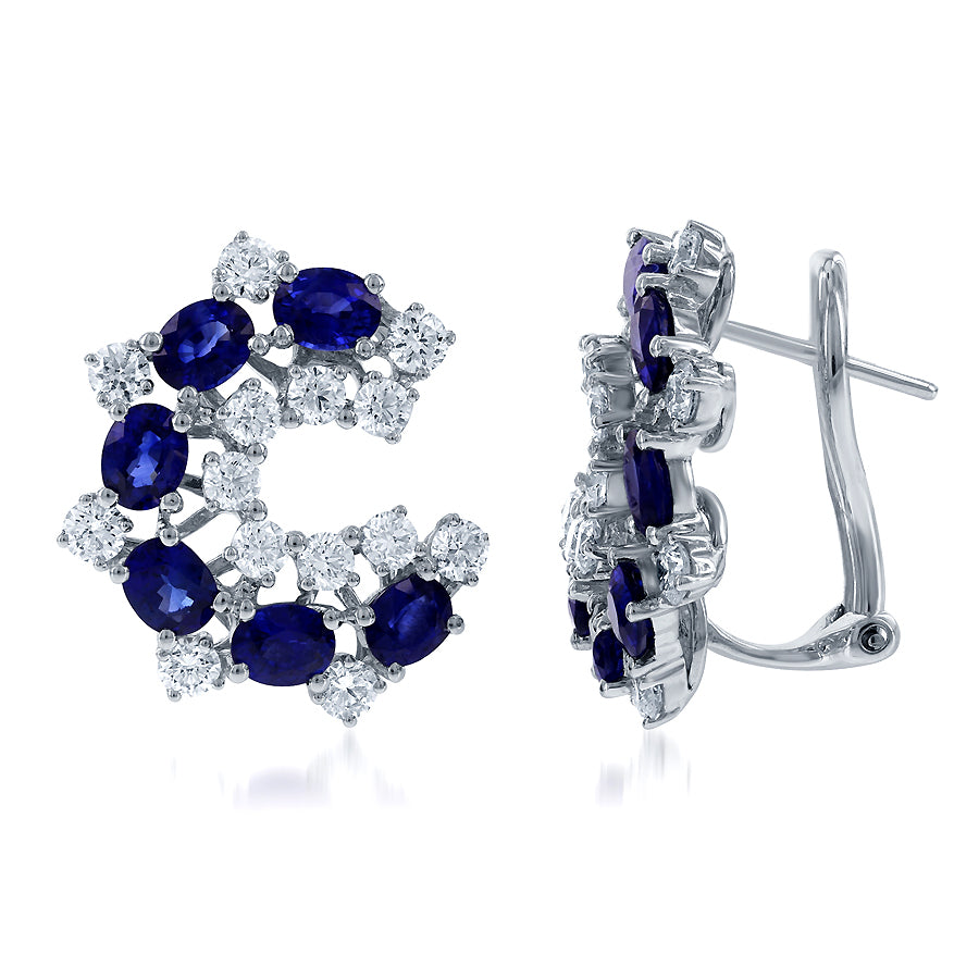 18K WHITE GOLD SAPPHIRE DIAMOND FAN STYLE OMEGA BACK EARRINGS