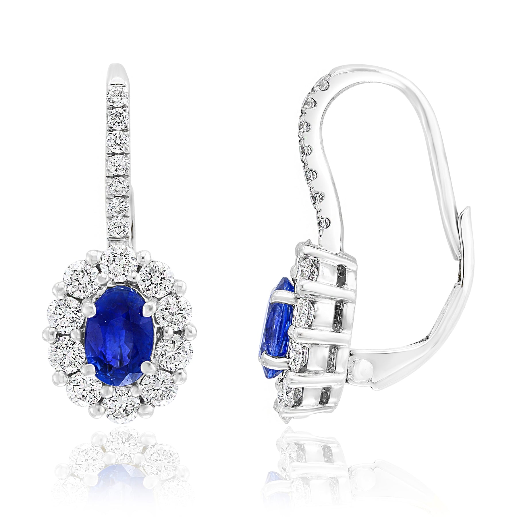 18K WHITE GOLD OVAL SAPPHIRE DIAMOND LEVERBACK EARRINGS