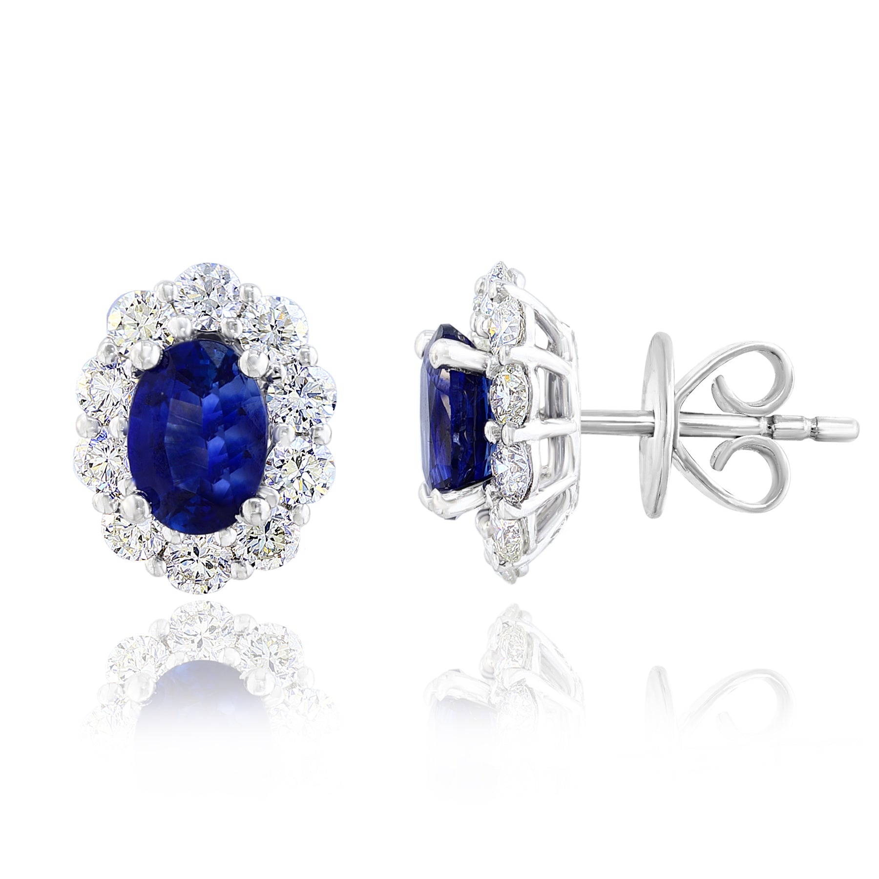 18K WHITE GOLD OVAL SAPPHIRE DIAMOND HALO STUD EARRINGS 