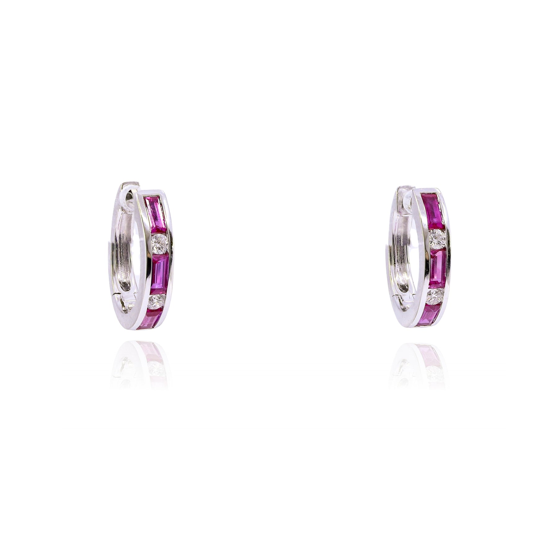 14K WHITE GOLD RUBY DIAMOND U-HOOP EARRINGS