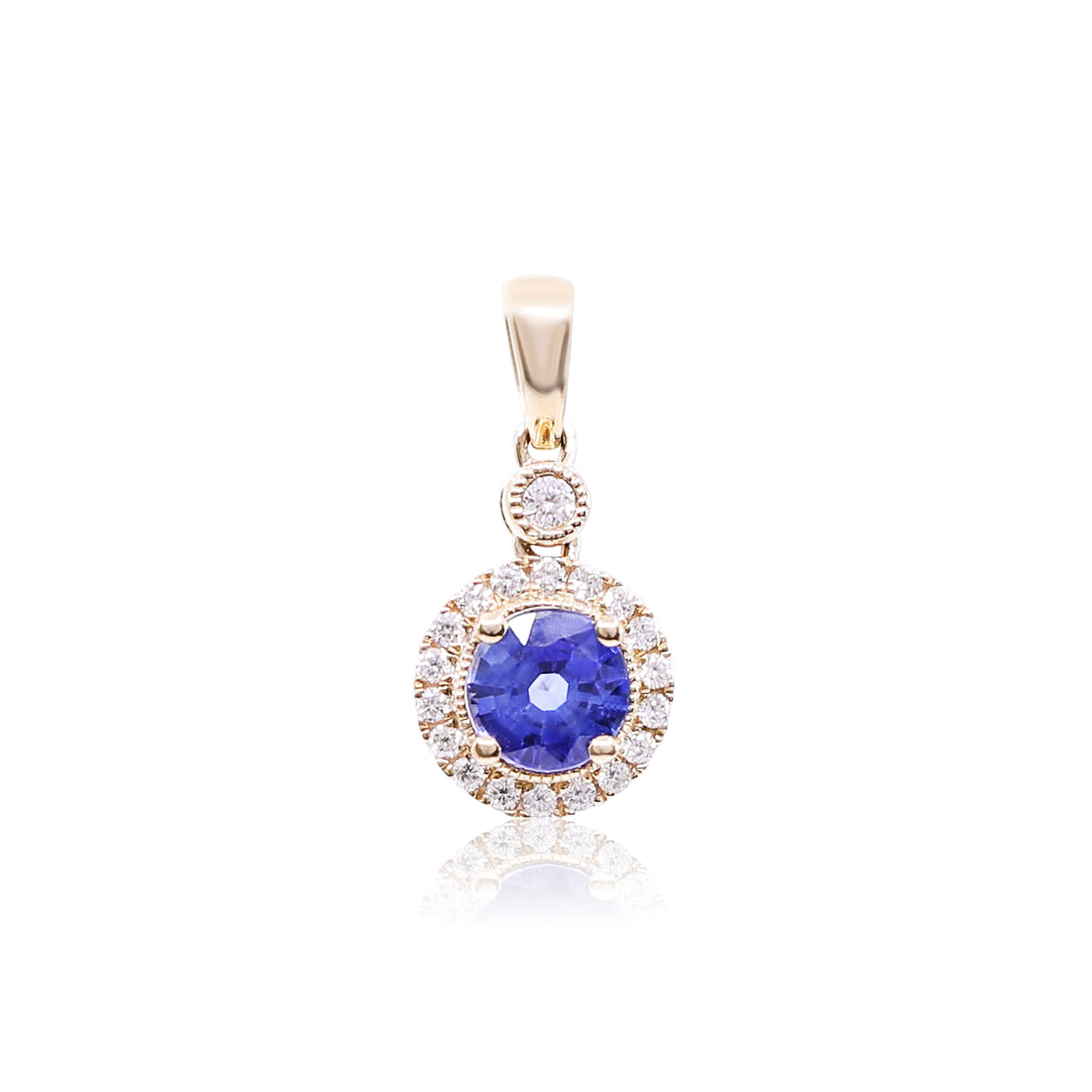 14K YELLOW GOLD ROUND BLUE SAPPHIRE AND DIAMOND HALO PENDANT 0.14CTW