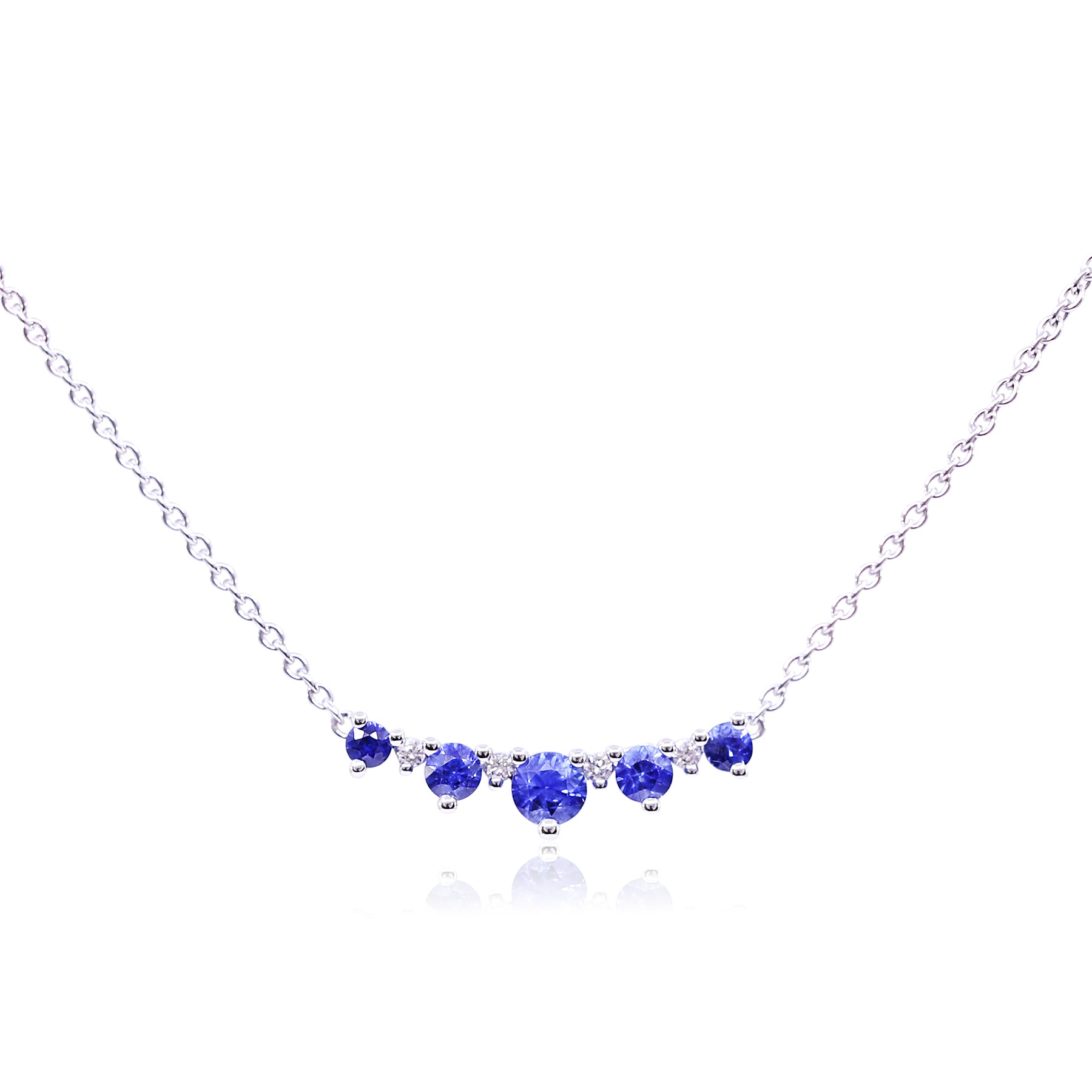 14K WHITE GOLD SAPPHIRE DIAMOND BAR PENDANT CABLE CHAIN NECKLACE - 18 INCH