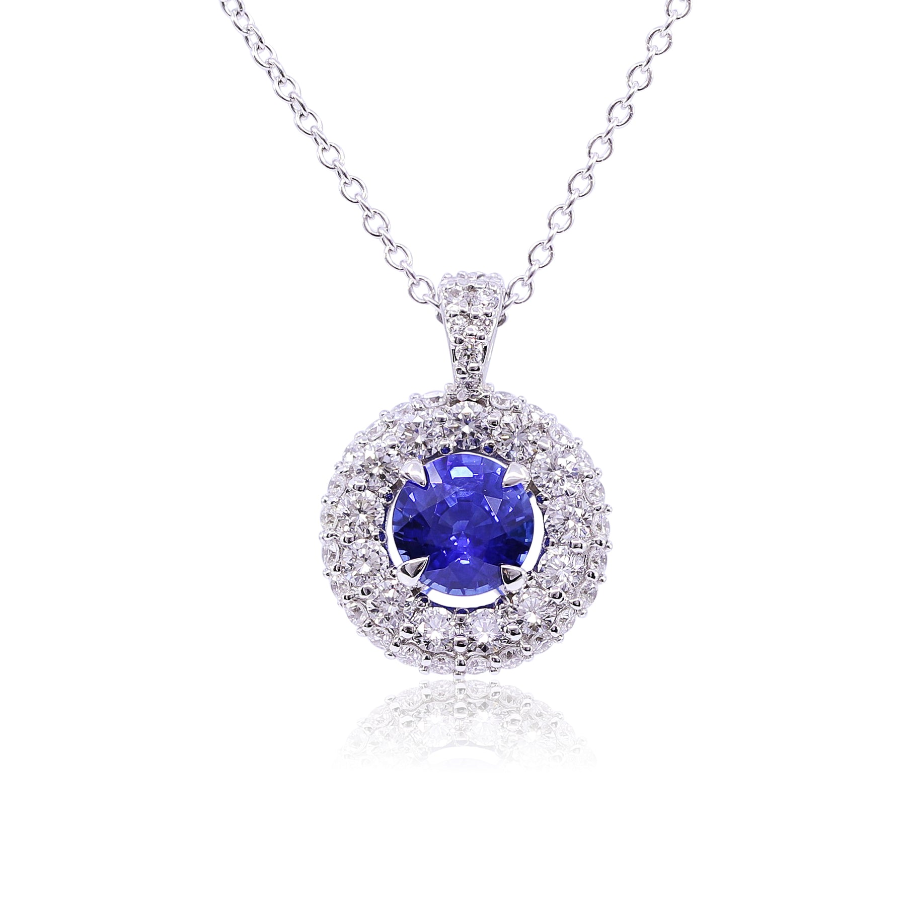 18K WHITE GOLD ROUND SAPPHIRE AND DIAMOND HALO PENDANT NECKLACE