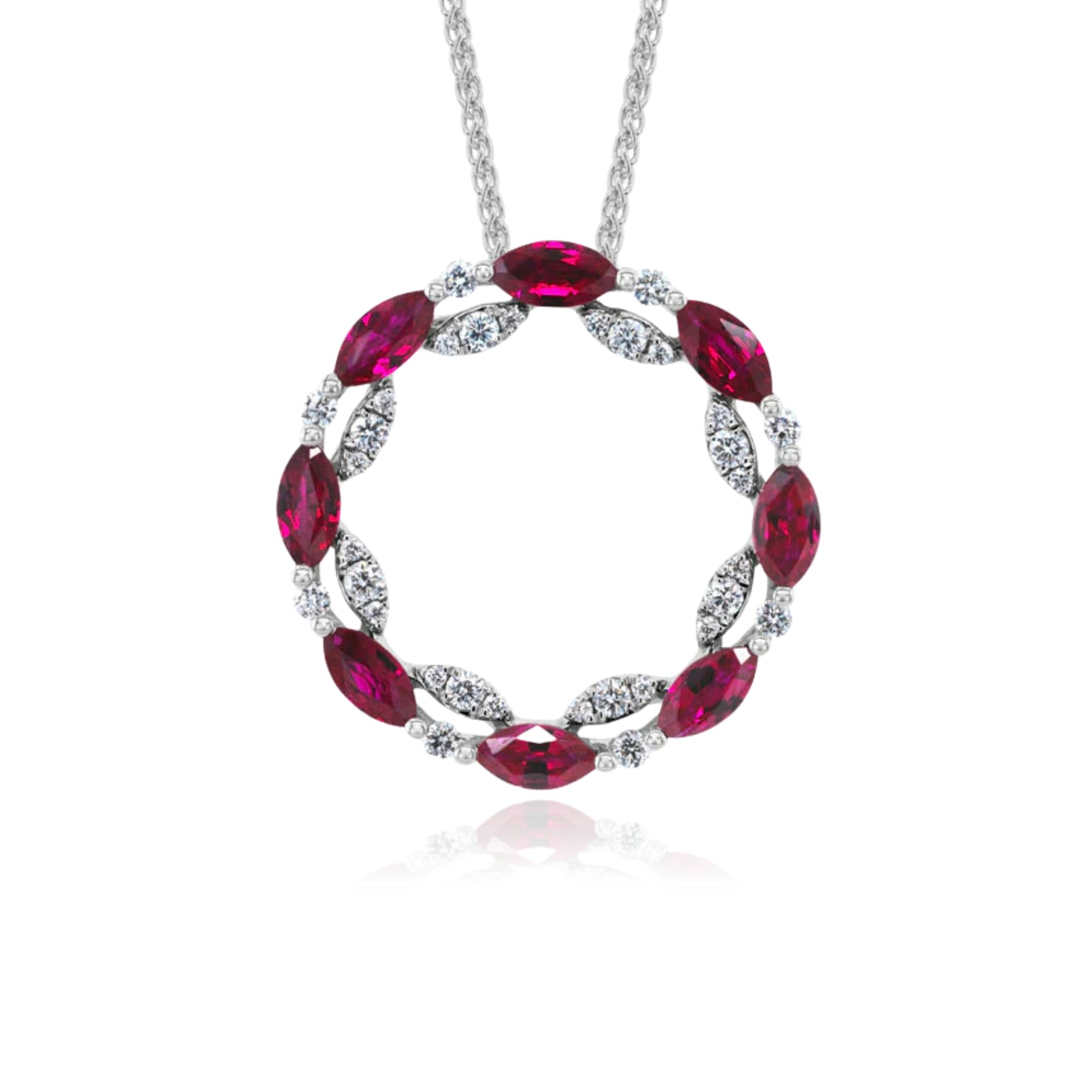 14K WHITE GOLD OPEN CIRCLE MARQUISE CUT RUBY AND ROUND DIAMOND PENDANT NECKLACE