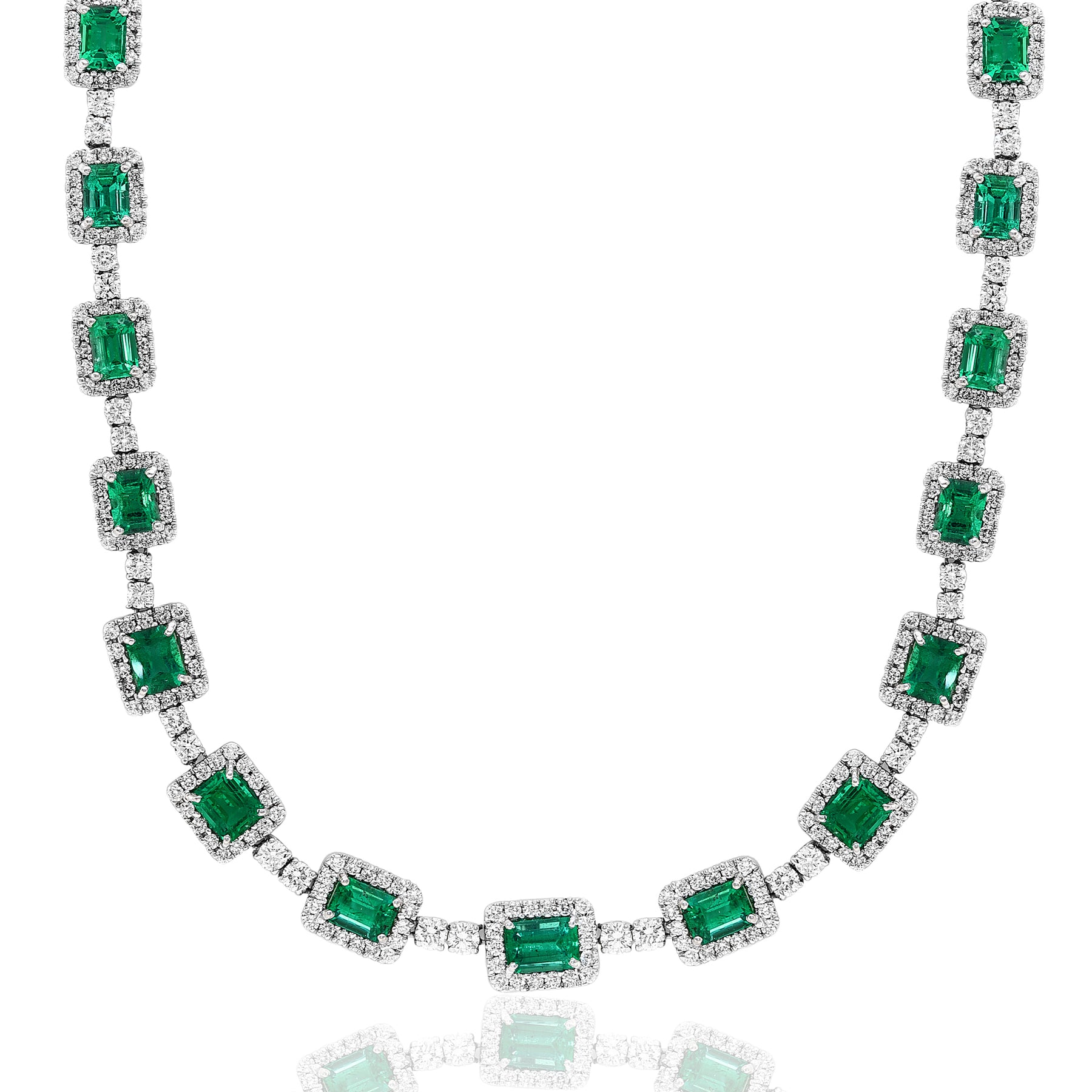 PLATINUM EMERALD-CUT EMERALD DIAMOND TENNIS NECKLACE