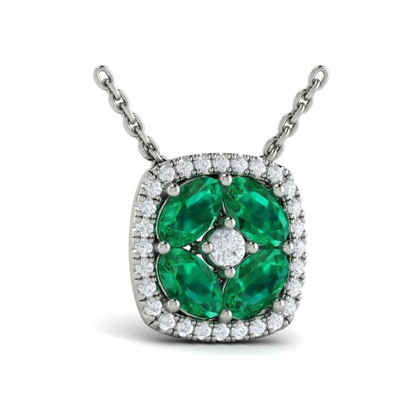 14K WHITE GOLD EMERALD DIAMOND PENANT NECKLACE