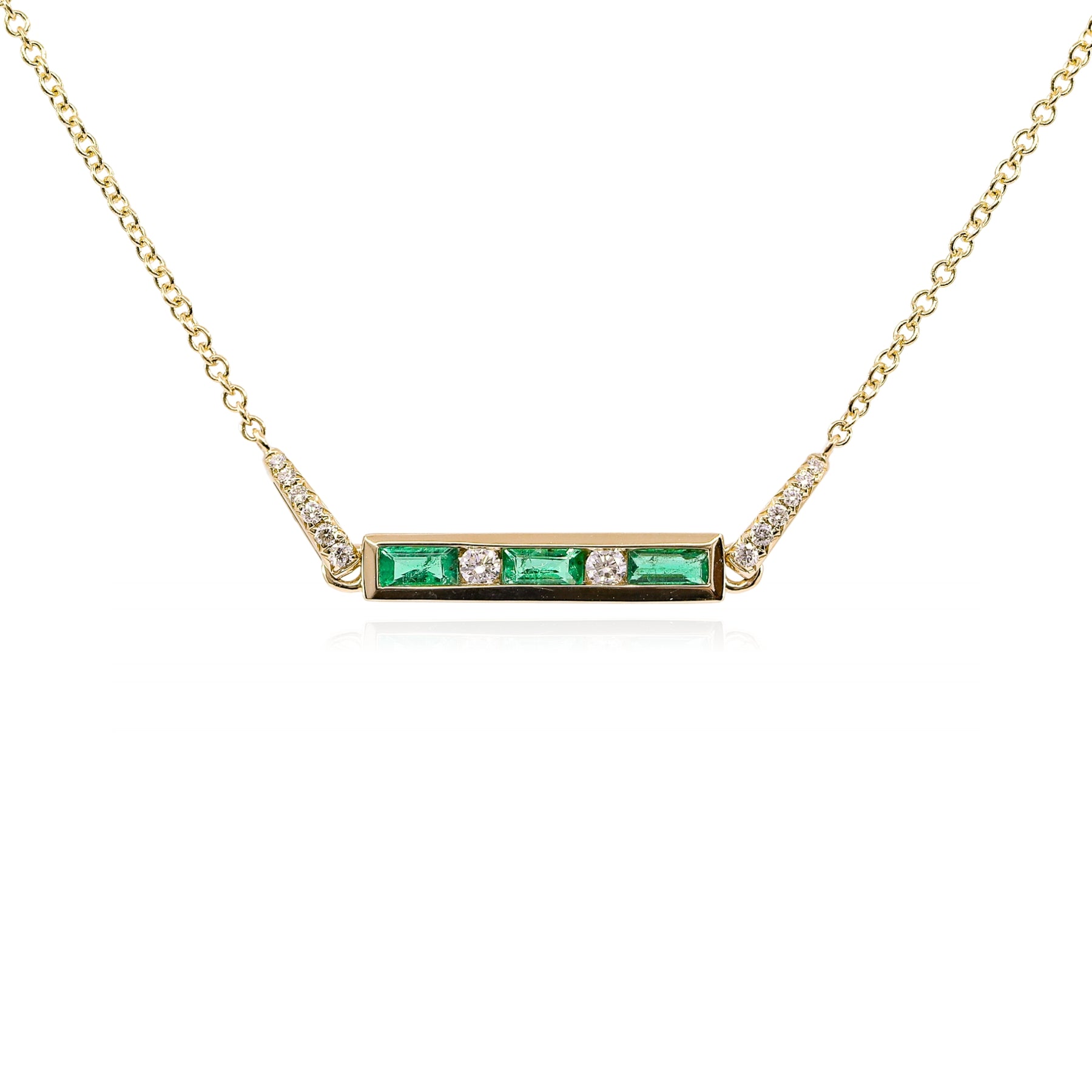 14K YELLOW GOLD EMERALD DIAMOND BAR PENDANT NECKLACE