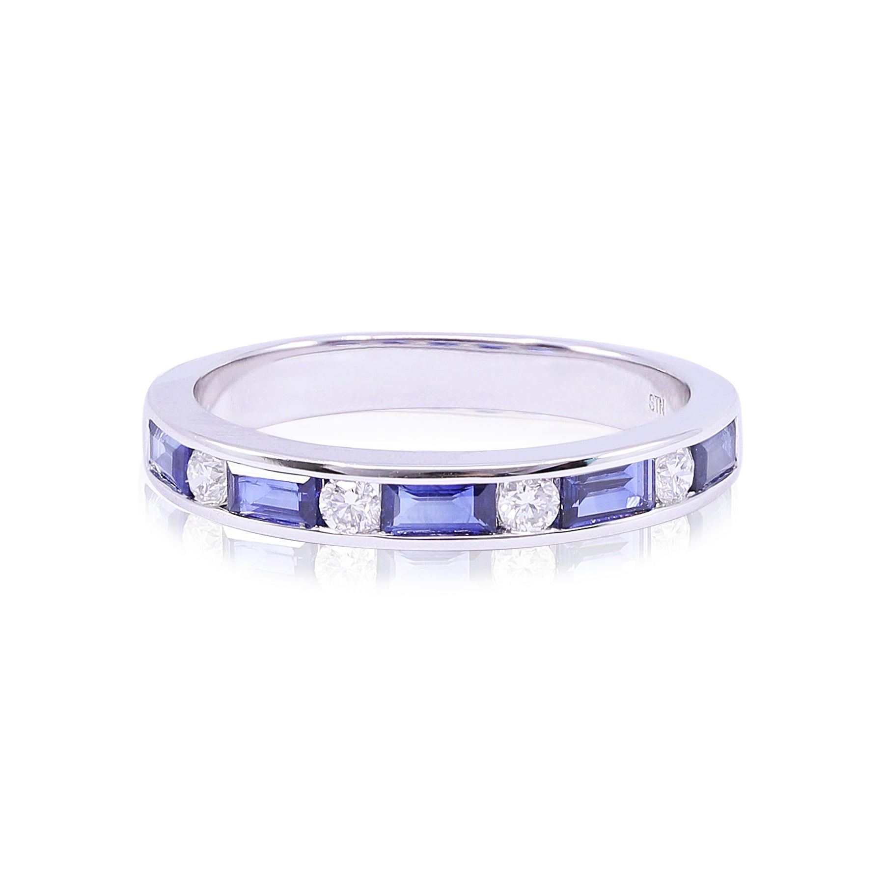 14K WHITE GOLD BLUE SAPPHIRE AND DIAMOND STATION RING