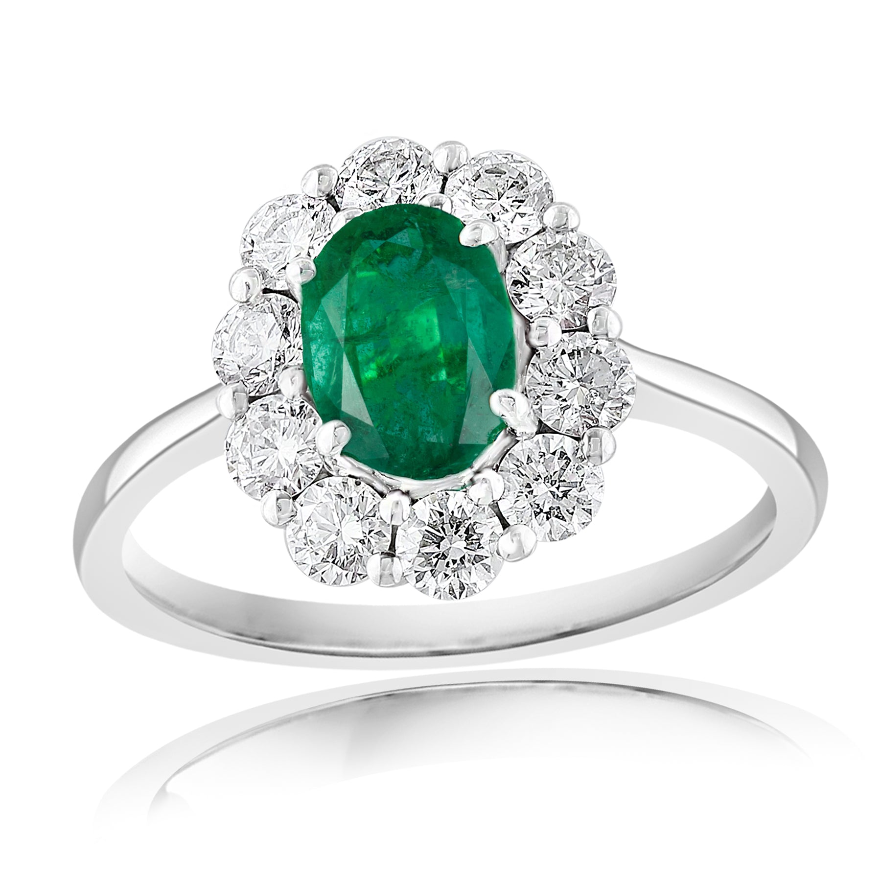 18K WHITE GOLD OVAL EMERALD AND DIAMOND HALO RING