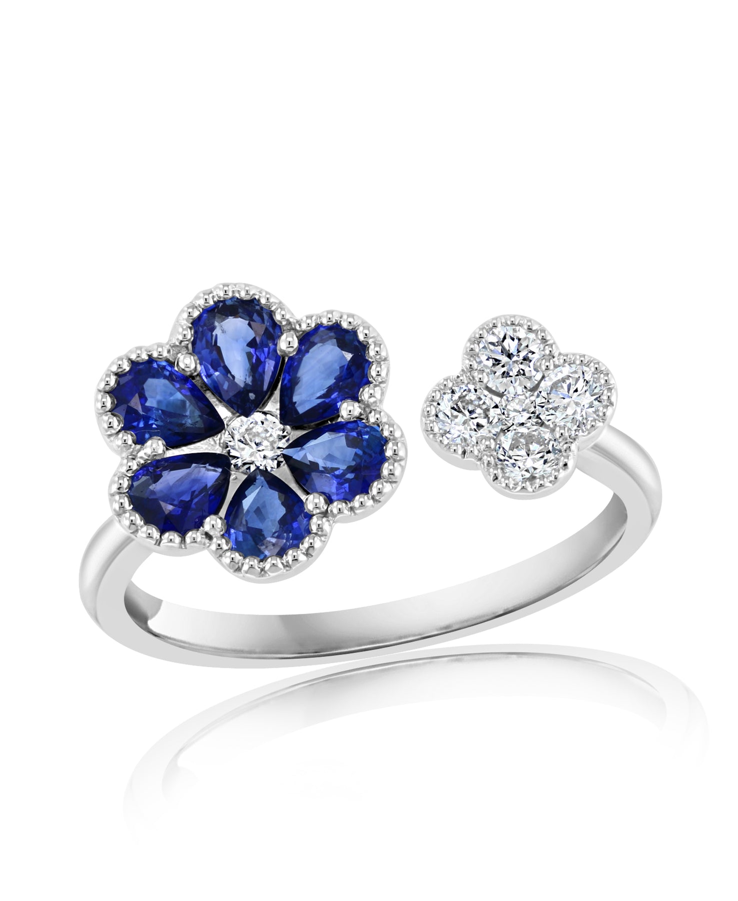 18K WHITE GOLD DOUBLE CLOVER SAPPHIRE DIAMOND RING