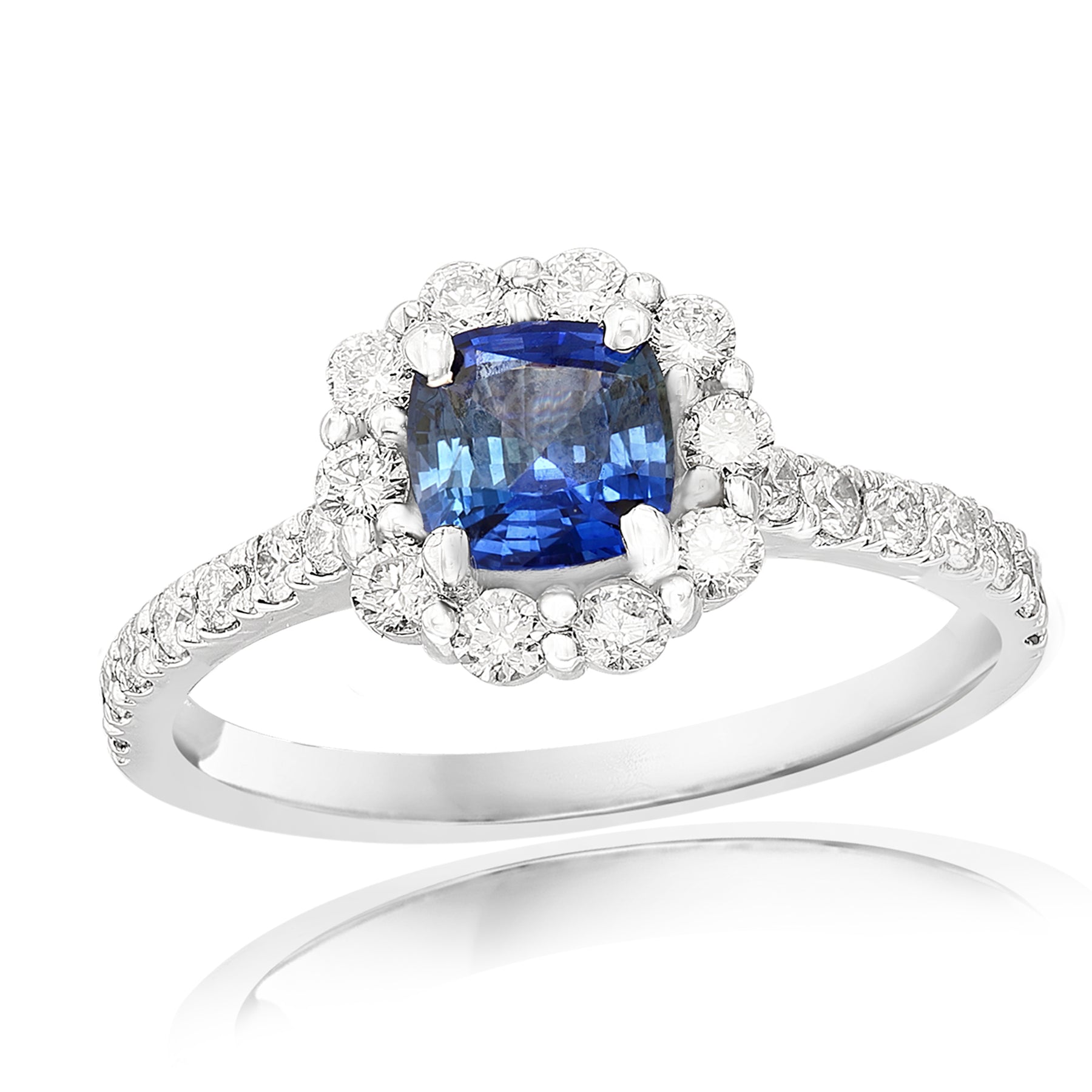 14K WHITE GOLD SAPPHIRE DIAMOND HALO RING