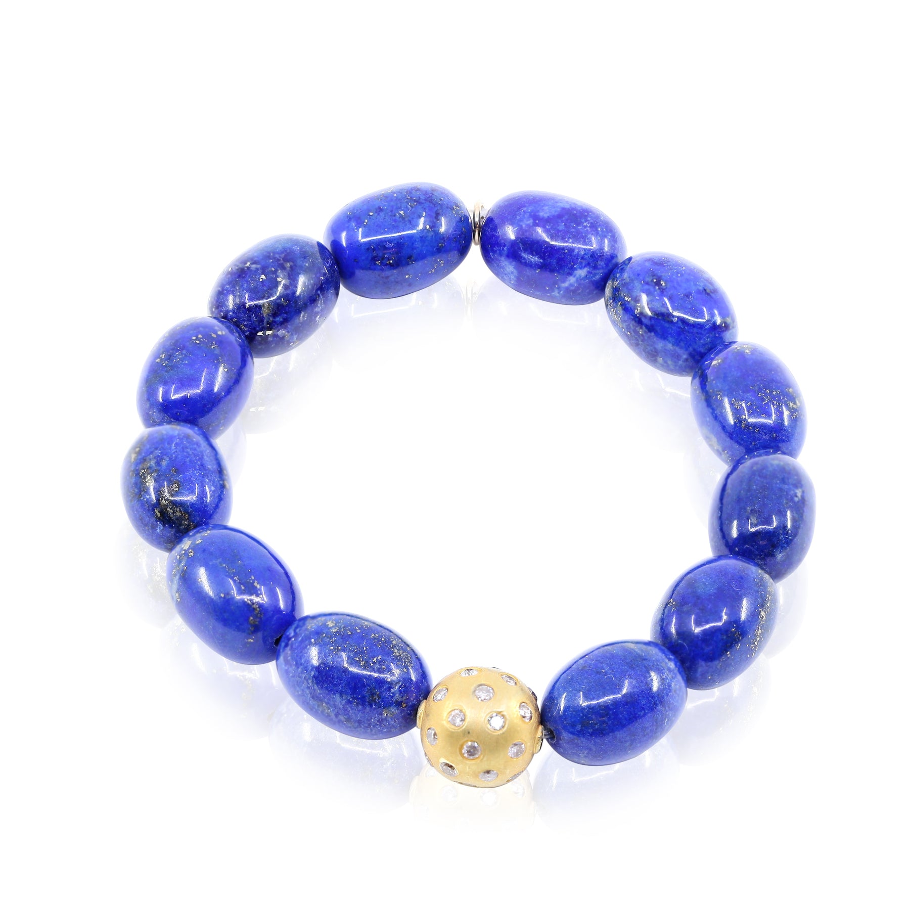 OVAL LAPIS BEAD STRETCH BRACELET WITH 14K YELLOW GOLD AND DIAMOND ACCENT