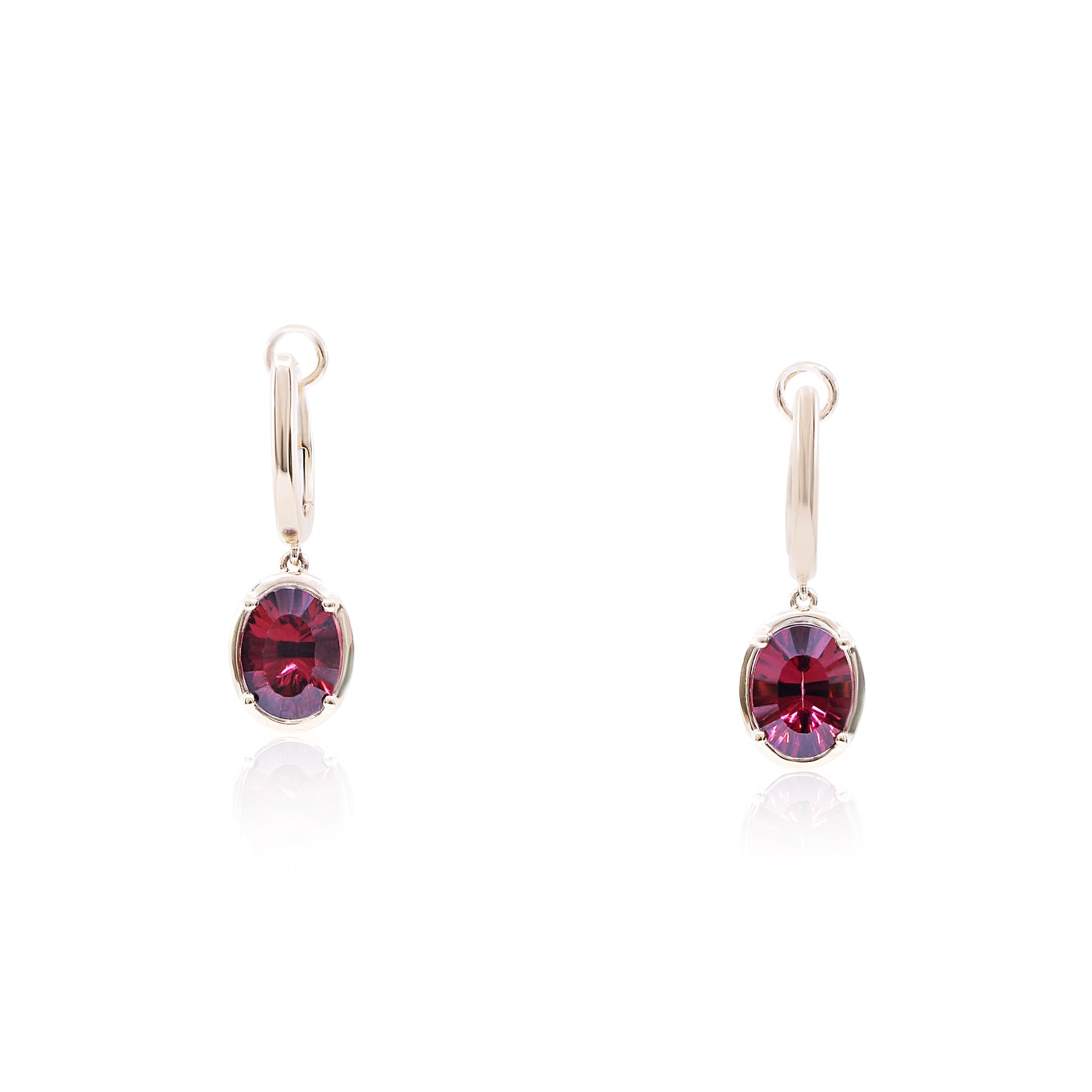 14K YELLOW GOLD U-HOOP OVAL RHODOLITE DROP EARRINGS