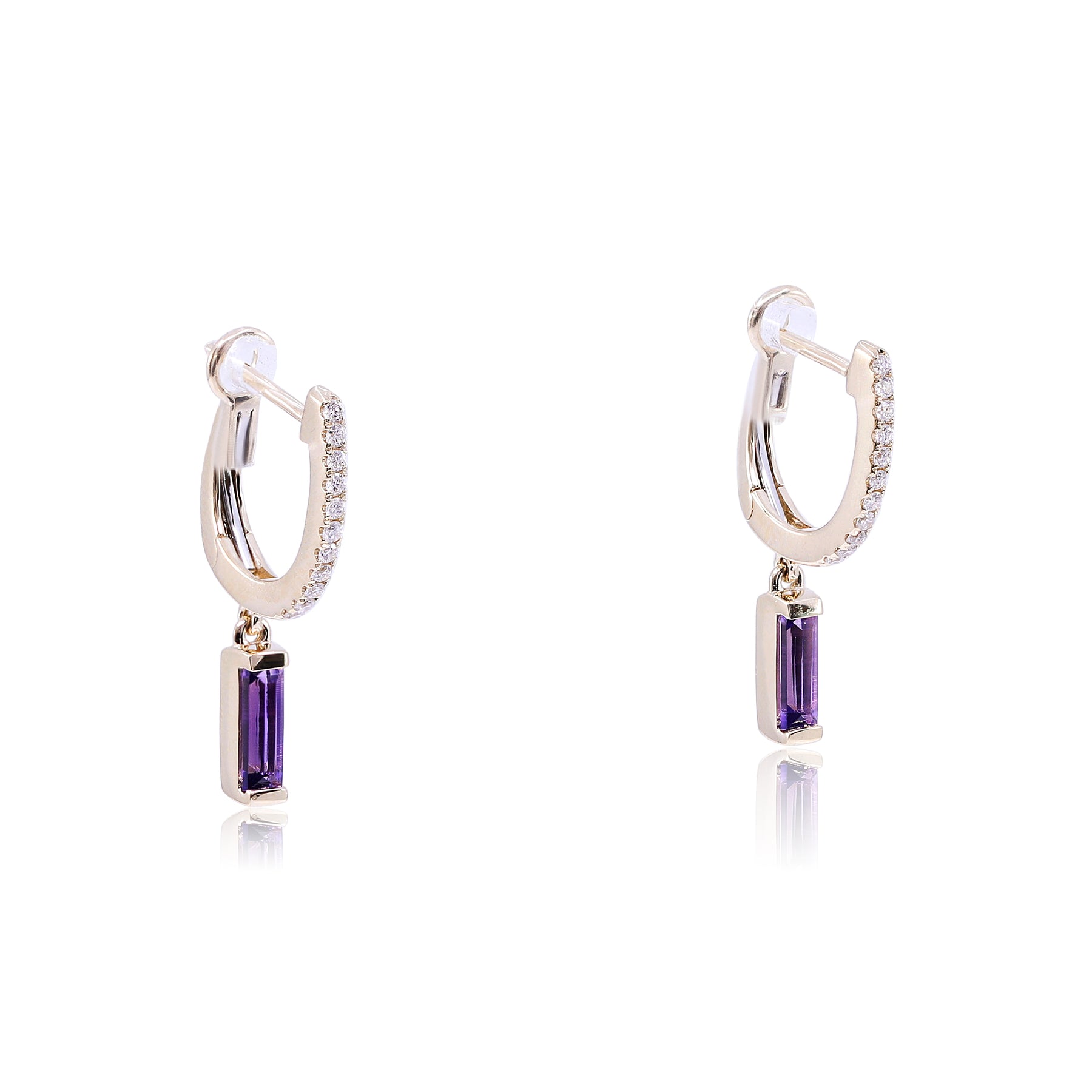 14K YELLOW GOLD DIAMOND HUGGIE HOOP EARRINGS WITH BAGUETTE AMETHYST DANGLES