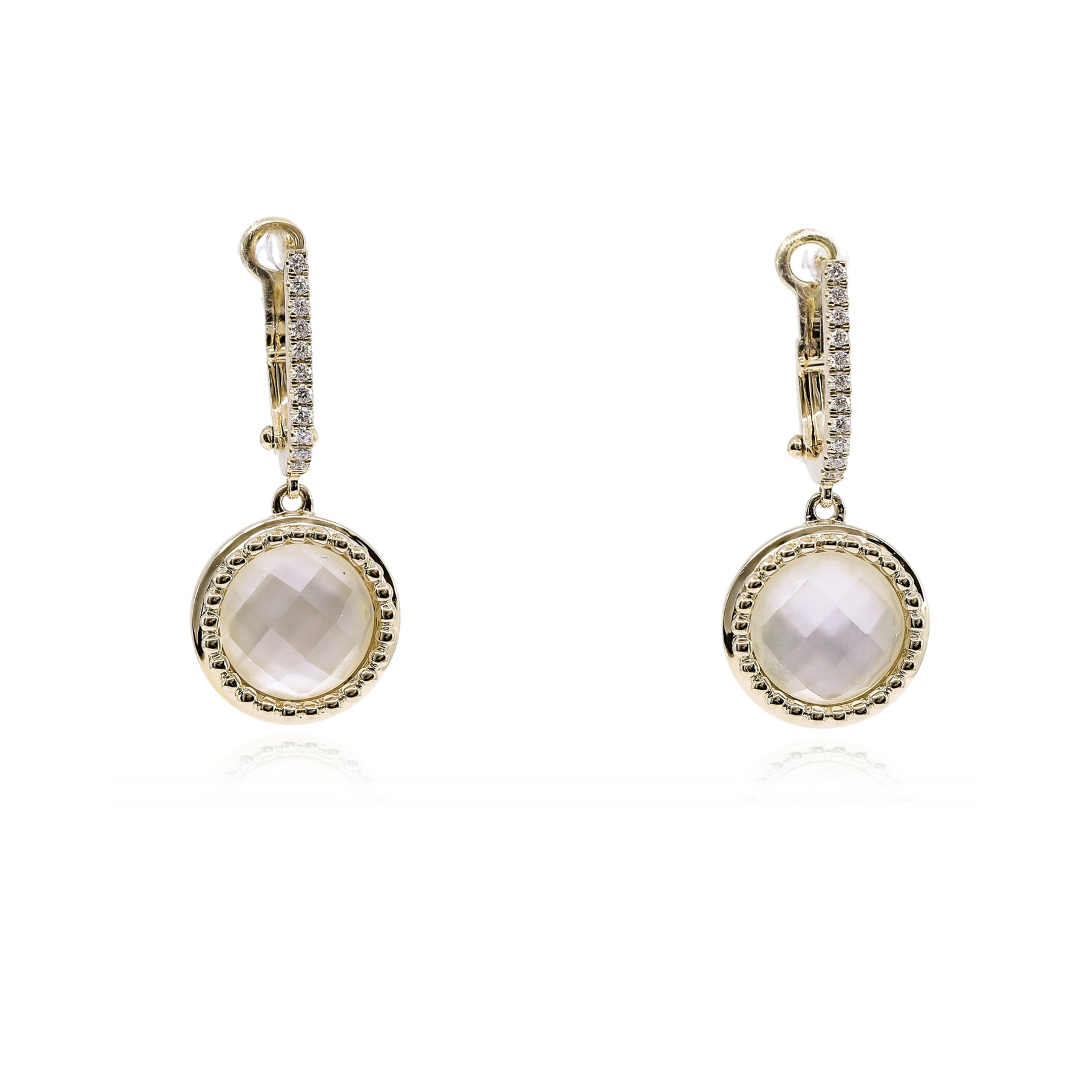 18K YELLOW GOLD CLEAR QUARTZ OVER MOTHER-OF-PEARL DIAMOND DANGLE EARRINGS