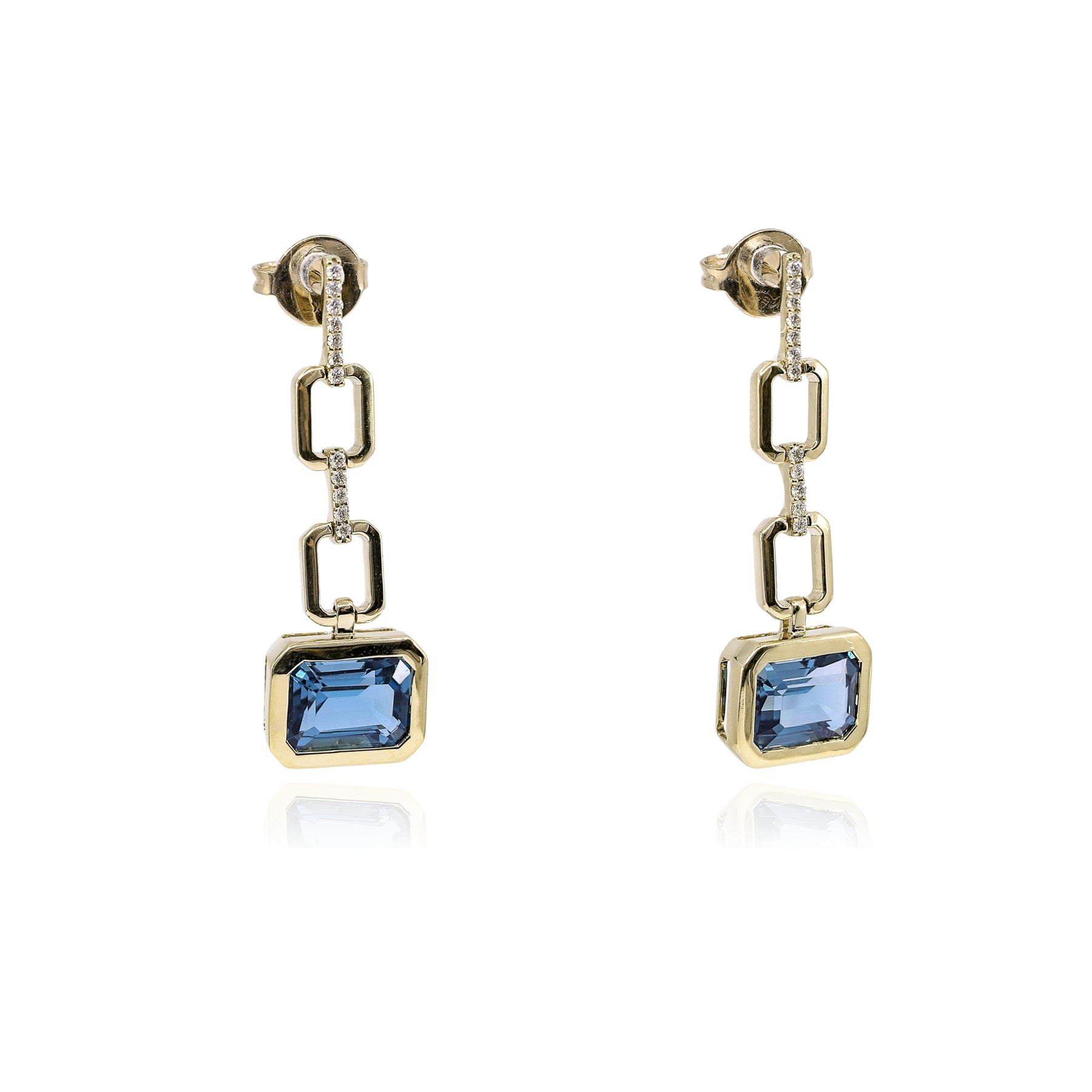 18K YELLOW GOLD BLUE TOPAZ AND DIAMOND DANGLE EARRINGS