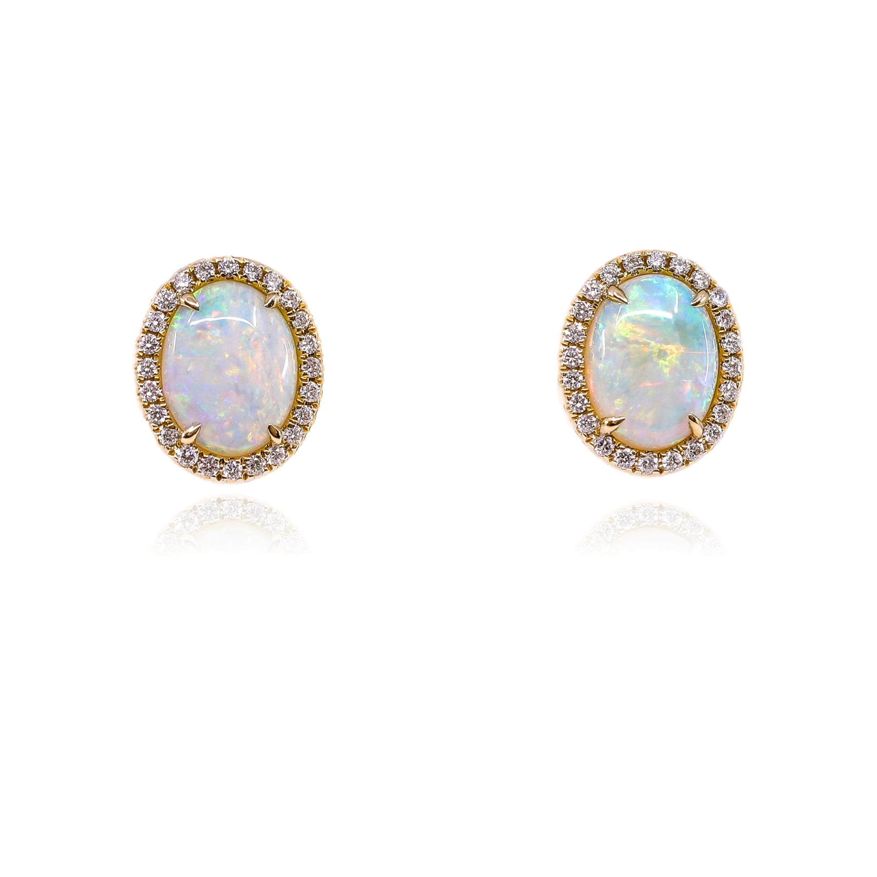 14K YELLOW GOLD AUSTRALIAN OPAL AND DIAMOND STUD EARRINGS