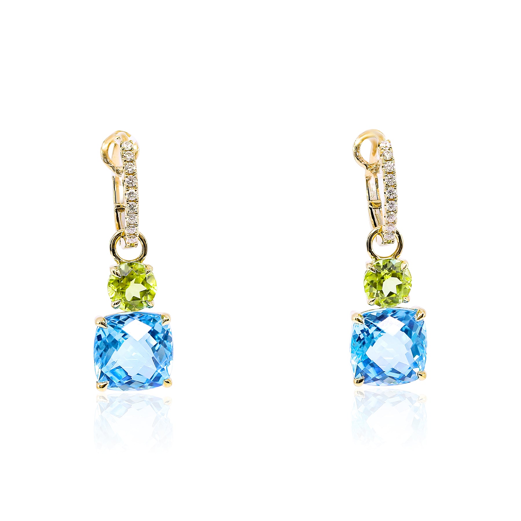 18K YELLOW GOLD DIAMOND HOOP EARRINGS WITH BLUE TOPAZ AND PERIDOT DROPS