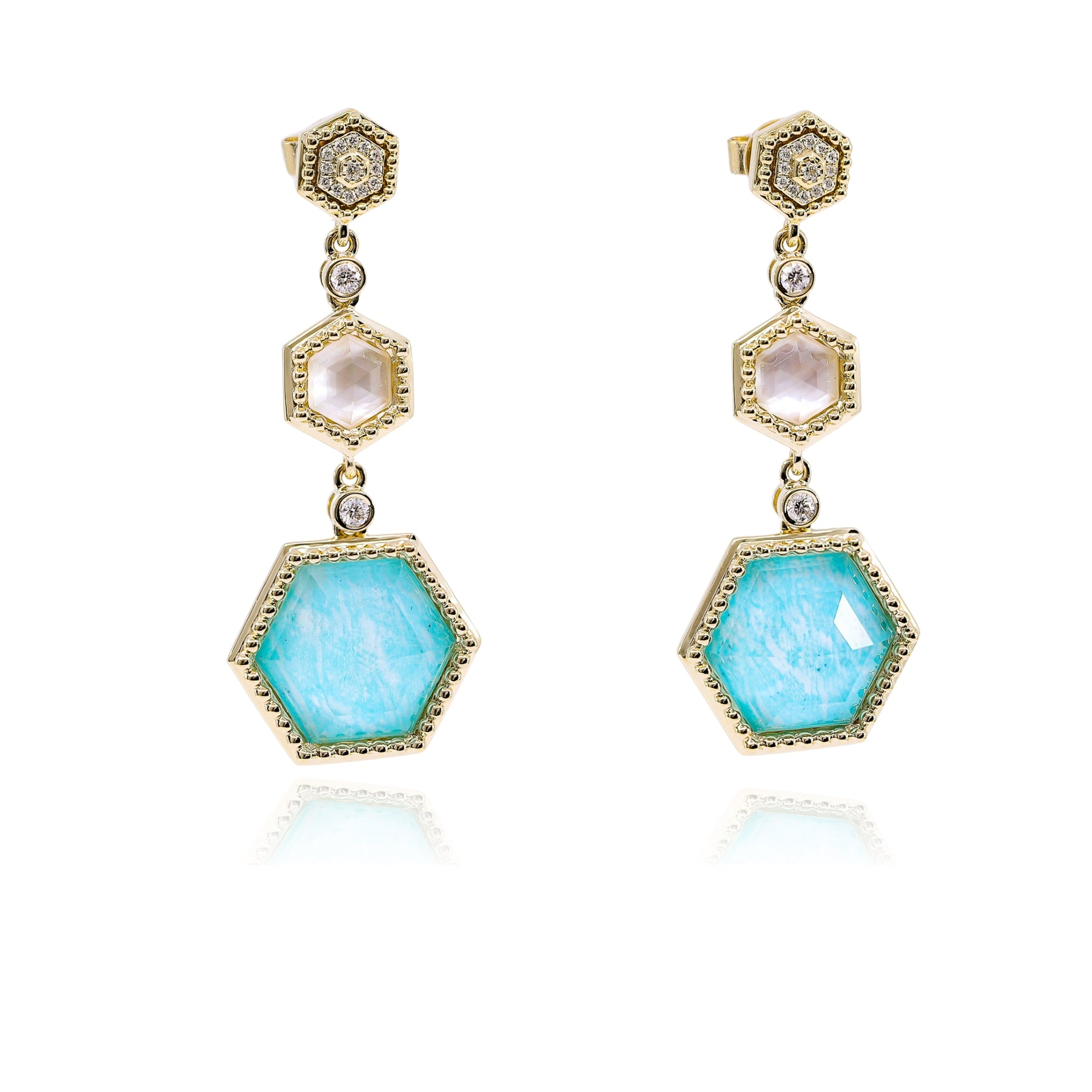 18K YELLOW GOLD AMAZONITE QUARTZ MOTHER-OF-PEARL DANGLE EARRINGS