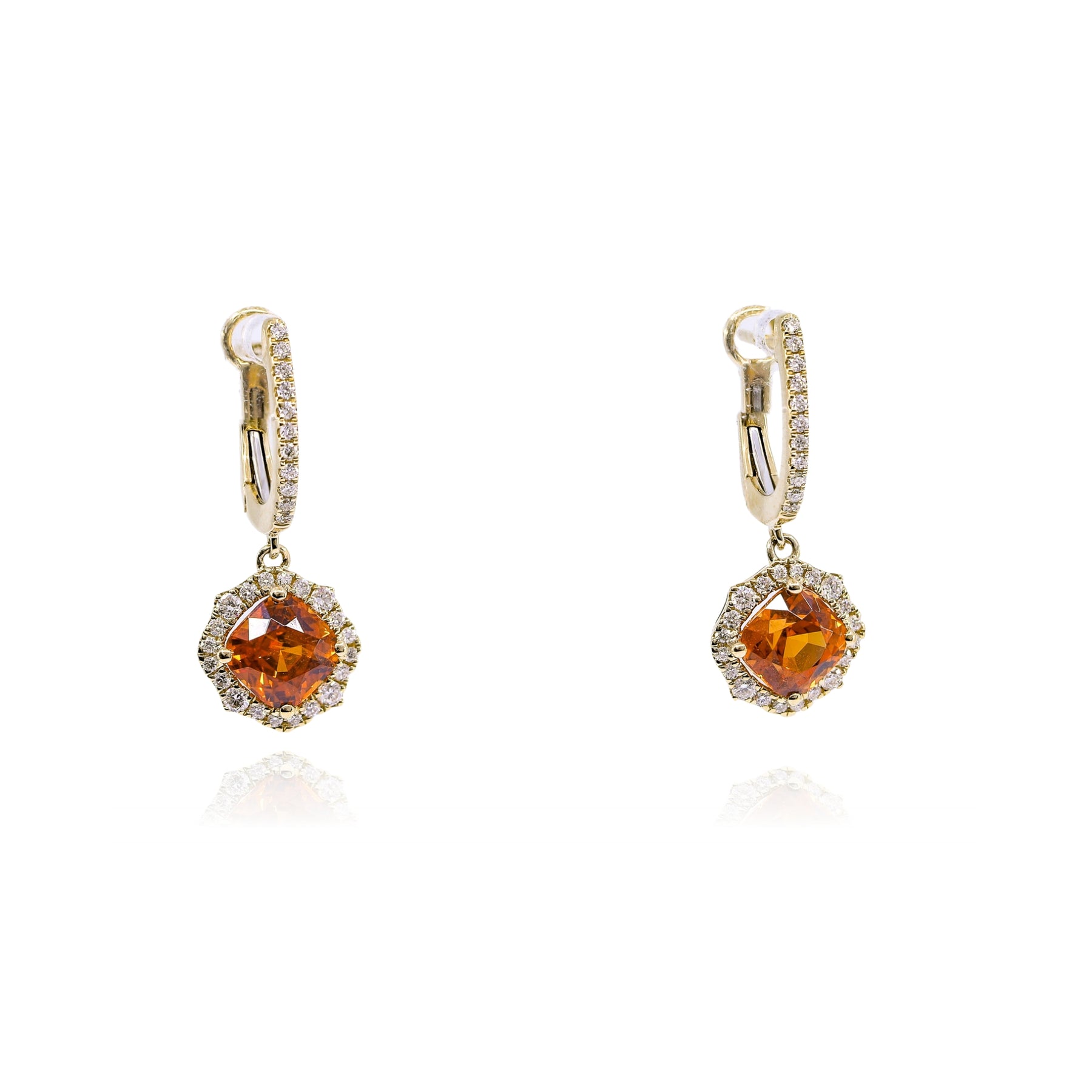 14K YELLOW GOLD SPESSARTITE GARNET AND DIAMOND DANGLE EARRINGS