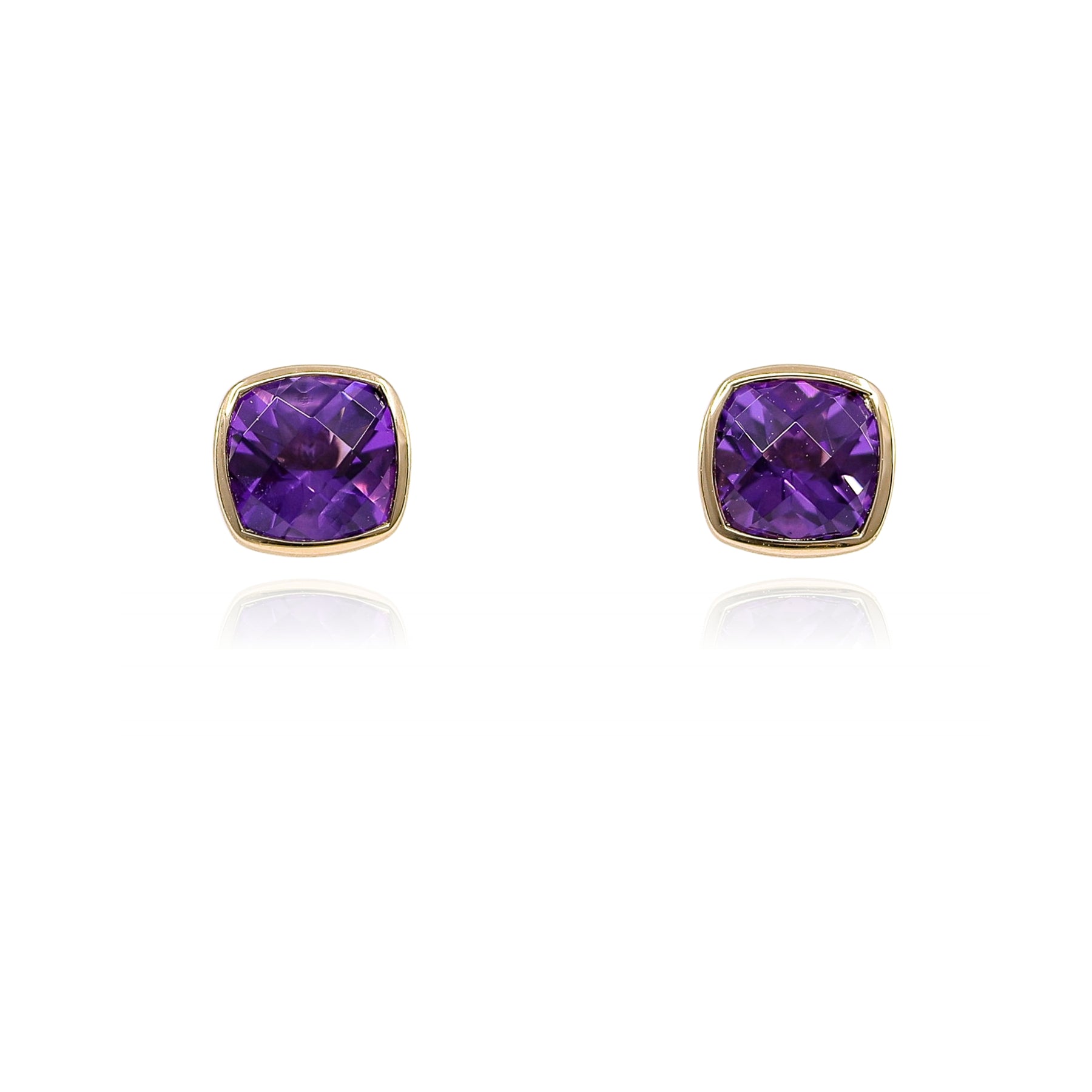 14K YELLOW GOLD CUSHION AMETHYST STUD EARRINGS