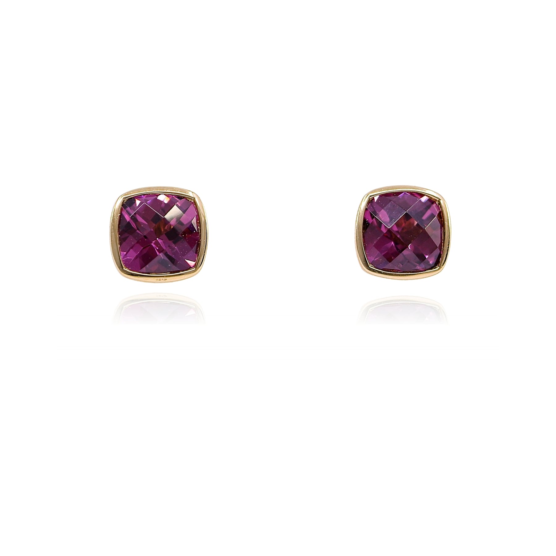 14K YELLOW GOLD CUSHION RHODOLITE GARNET STUD EARRINGS