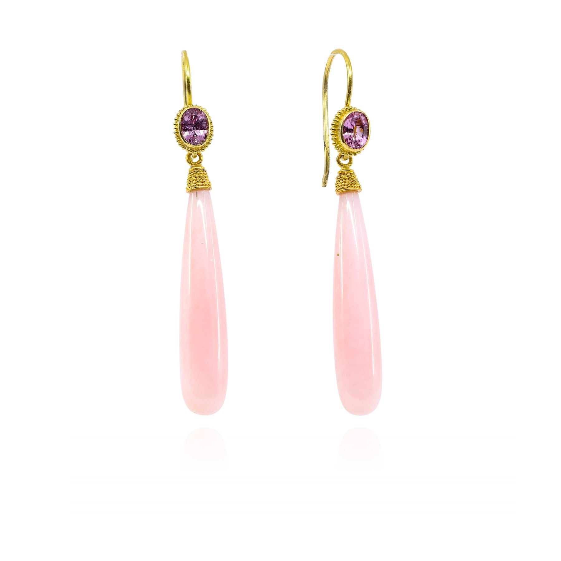 EXCLUSIVELY NINA 18K YELLOW GOLD PINK PERUVIAN OPAL DANGLE EARRINGS