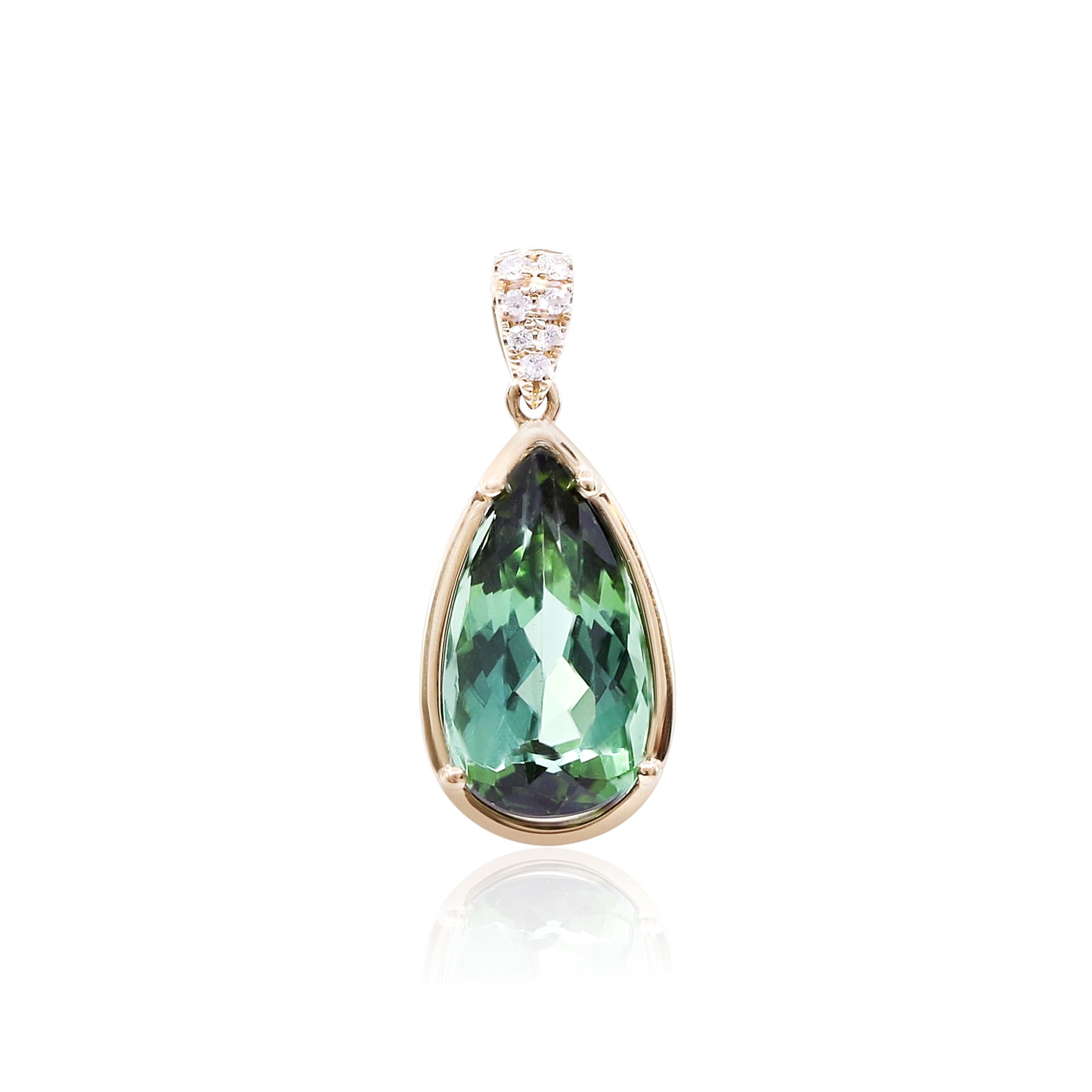 18K YELLOW GOLD TEARDROP GREEN TOURMALINE PENDANT WITH DIAMOND ACCENTED BAIL