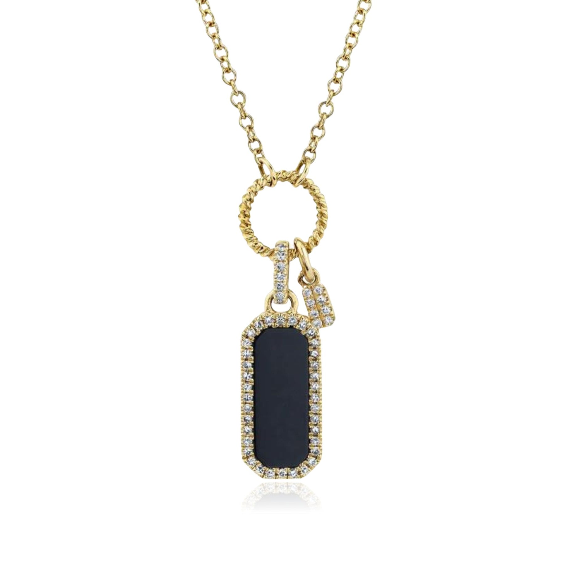 SHY CREATION 14K YELLOW GOLD ONYX AND DIAMOND DOG TAG PENDANT NECKLACE