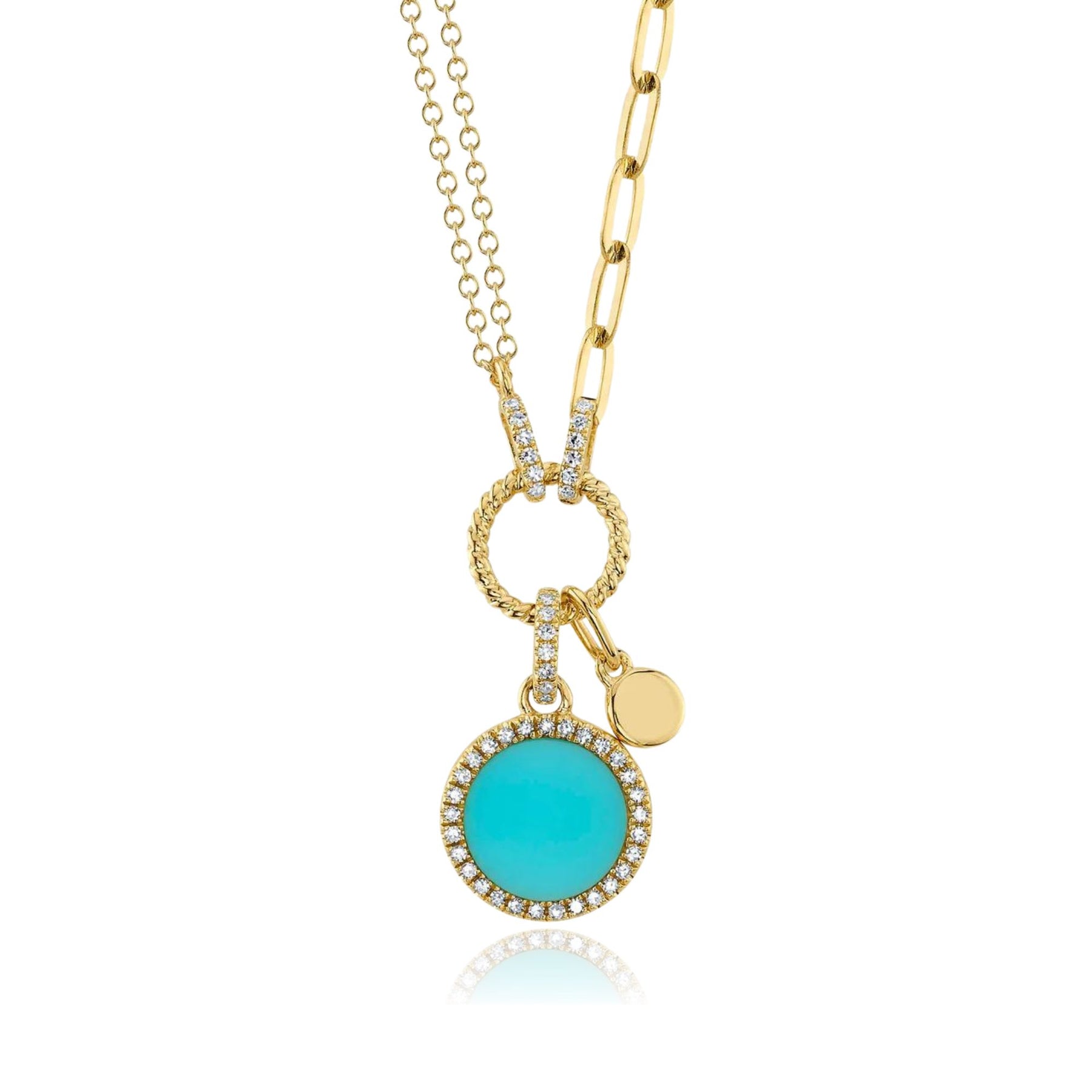 SHY CREATION 14K YELLOW GOLD COMPOSITE TURQUOISE AND DIAMOND CIRCLE NECKLACE 