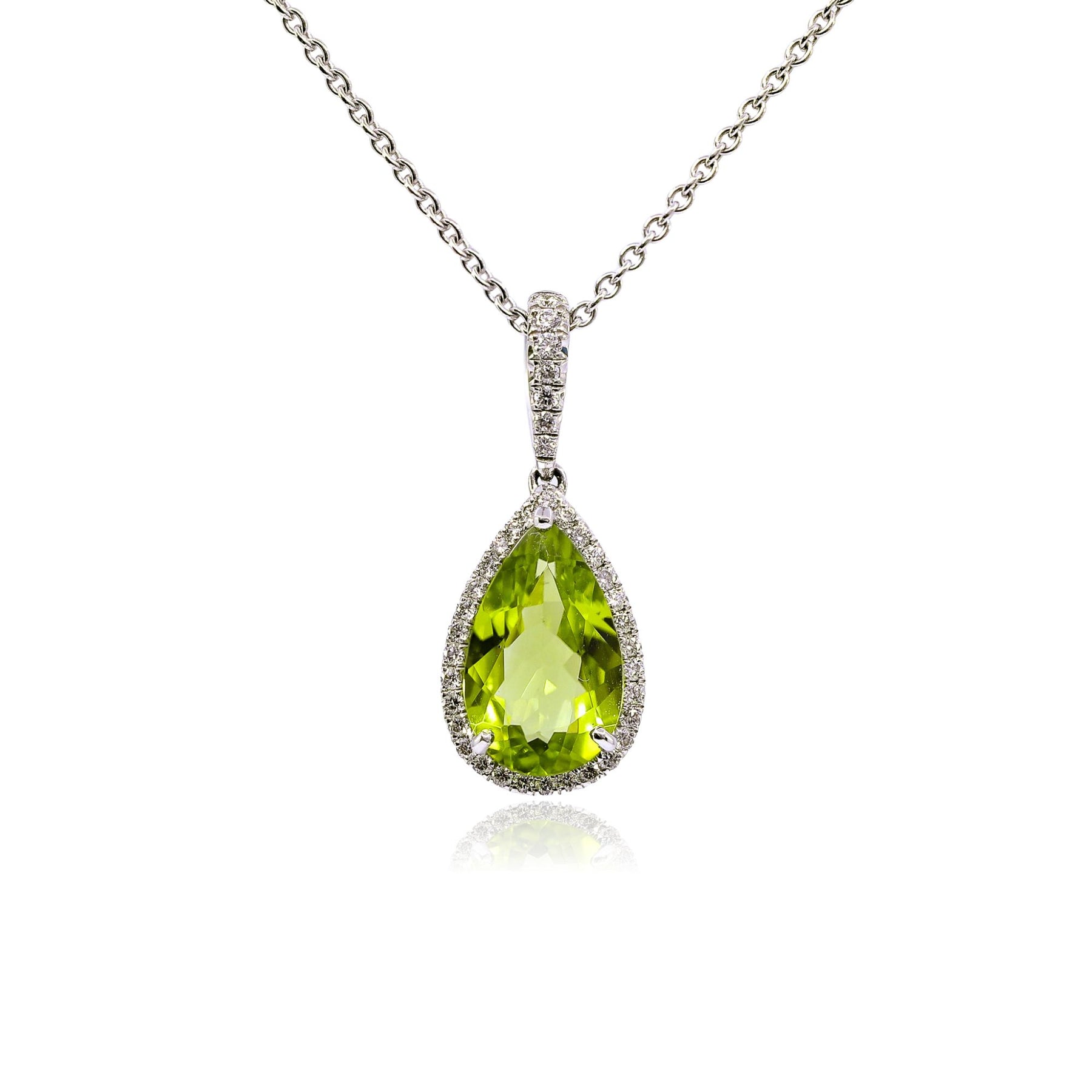 18K WHITE GOLD PEAR SHAPE PERIDOT DIAMOND PENDANT NECKLACE