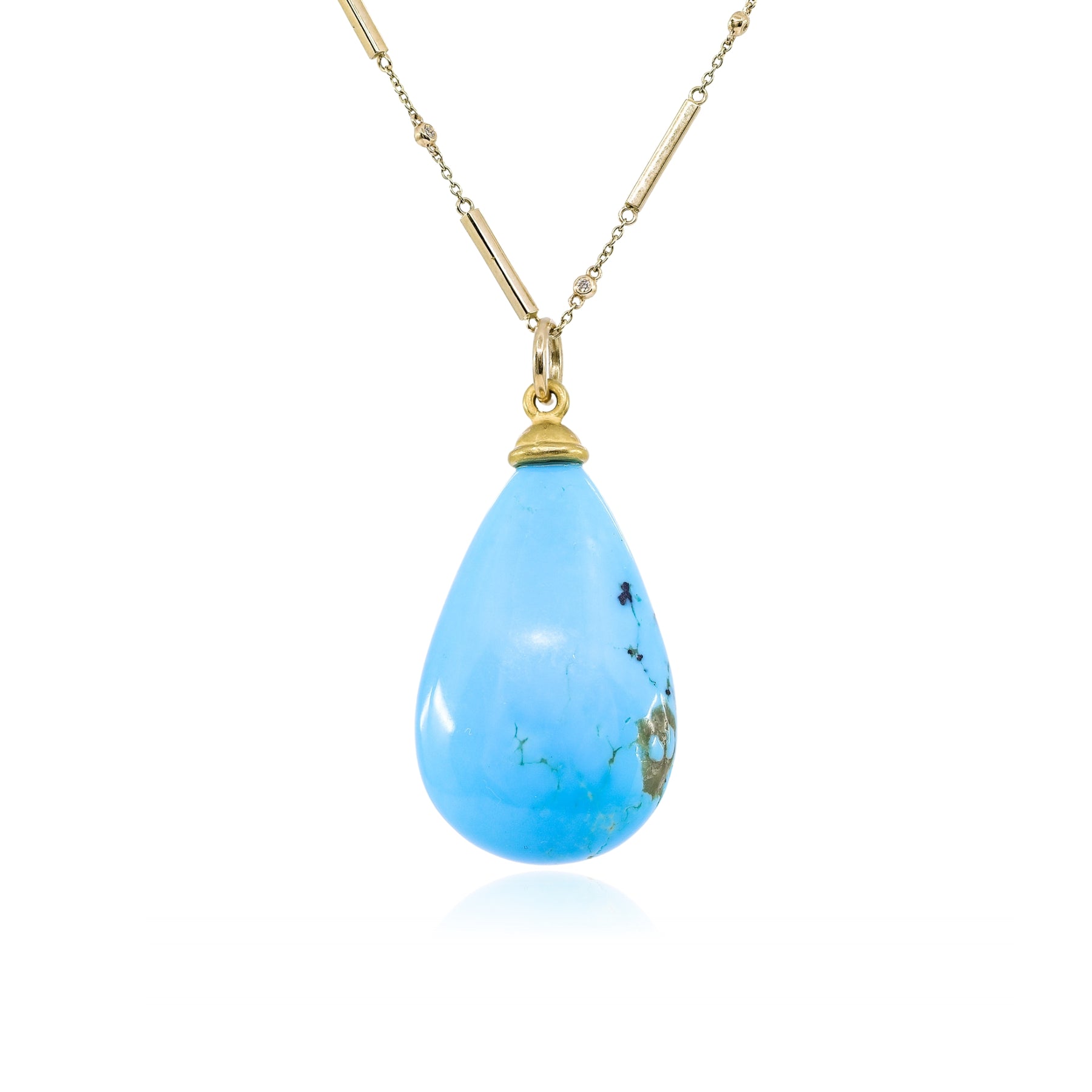 EXCLUSIVELY NINA 18K YELLOW GOLD SLEEPING BEAUTY TURQUOISE TEARDROP PENDANT AND 14K YELLOW GOLD DIAMOND CHAIN