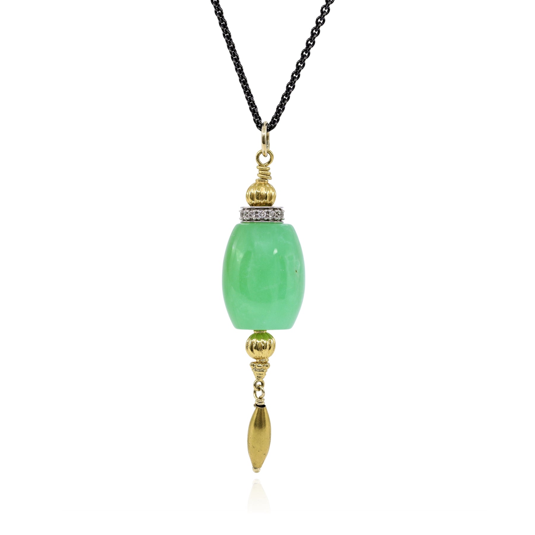 EXCLUSIVELY NINA 18K YELLOW GOLD CHRYSOPRASE DIAMOND PENDANT OXIDIZED STERLING SILVER CHAIN