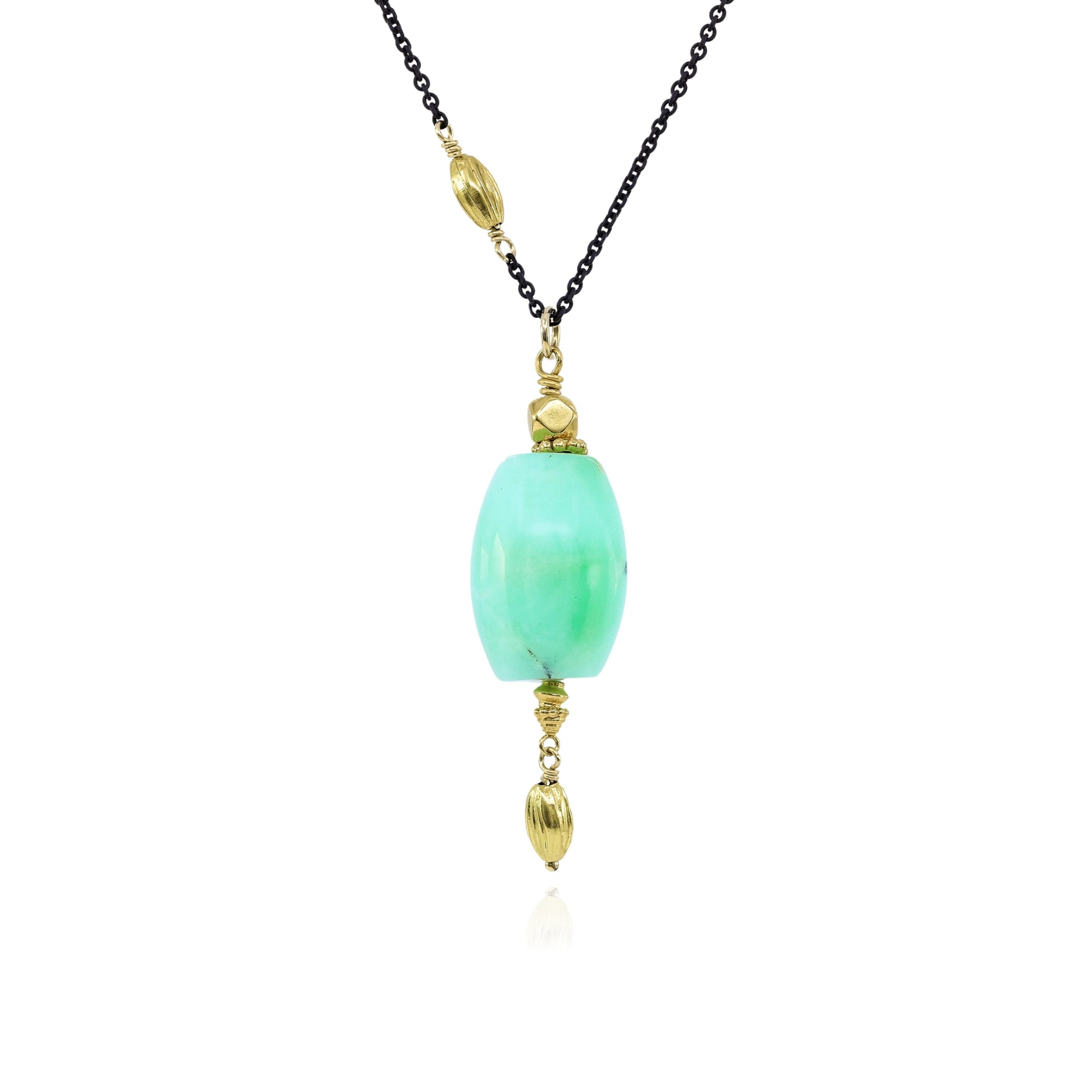 EXCLUSIVELY NINA 18K YELLOW GOLD GREEN PERUVIAN OPAL PENDANT OXIDIZED STERLING SILVER NECKLACE