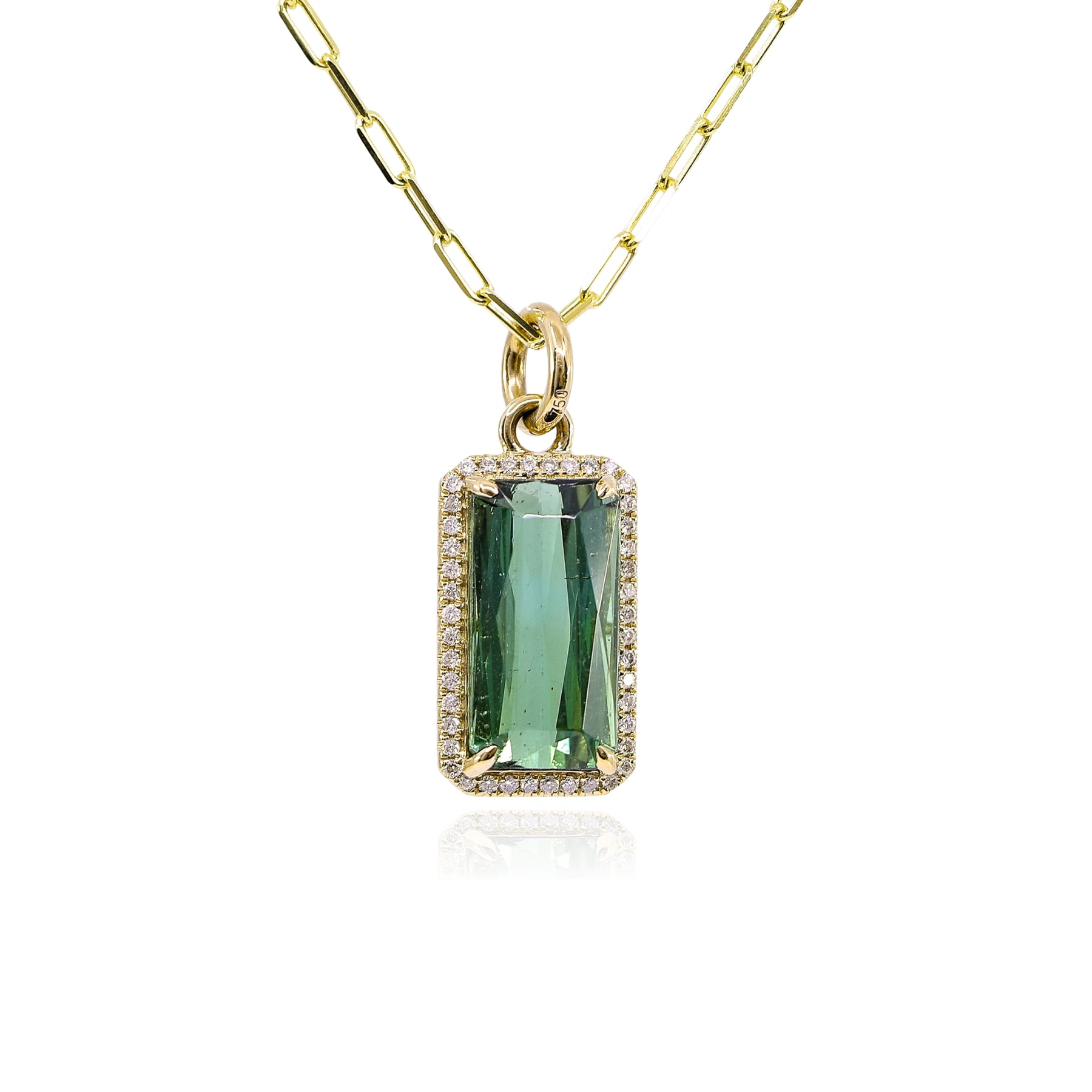 18K YELLOW GOLD EMERALD-CUT TOURMALINE AND DIAMOND PENDANT NECKLACE