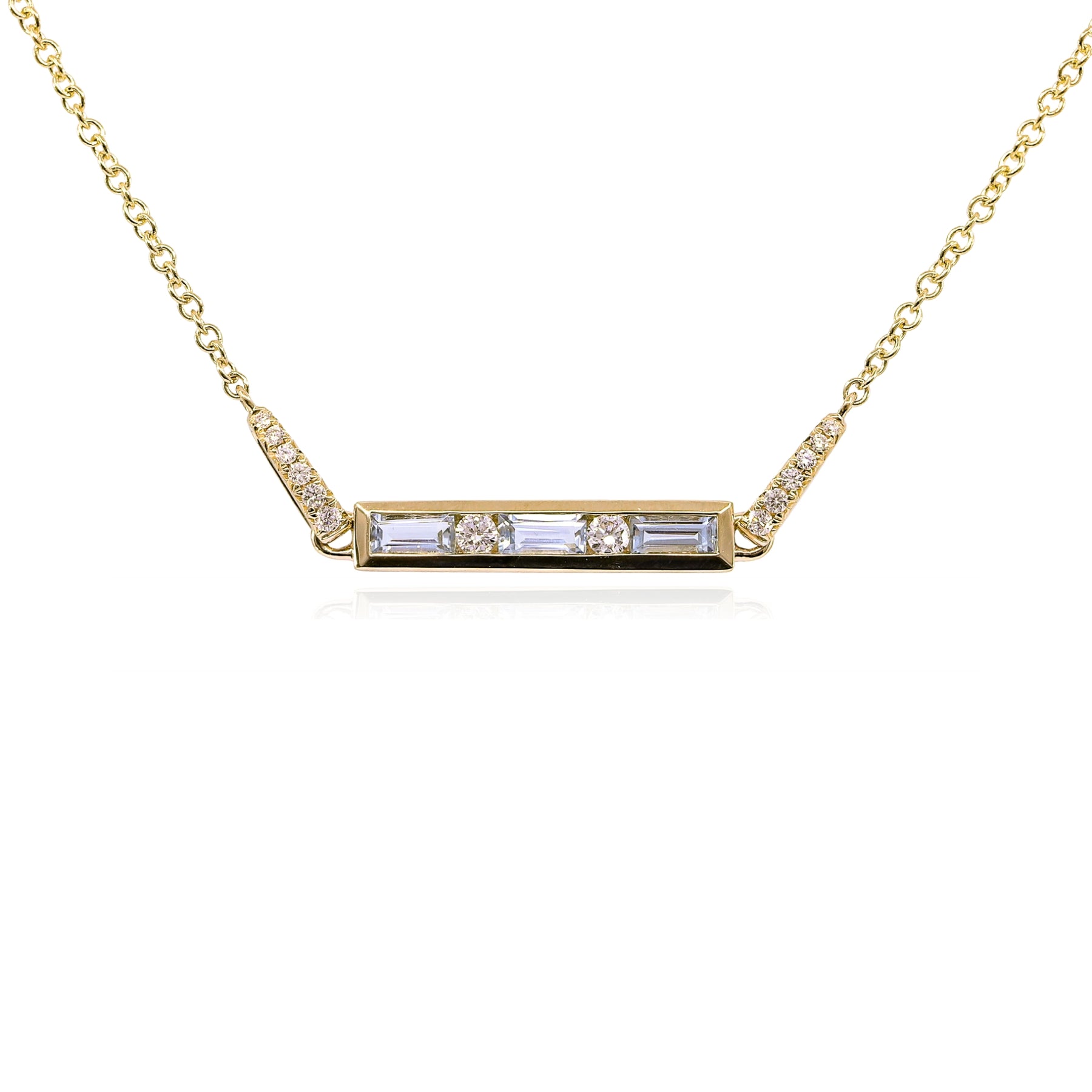 14K YELLOW GOLD AQUAMARINE DIAMOND BAR PENDANT NECKLACE