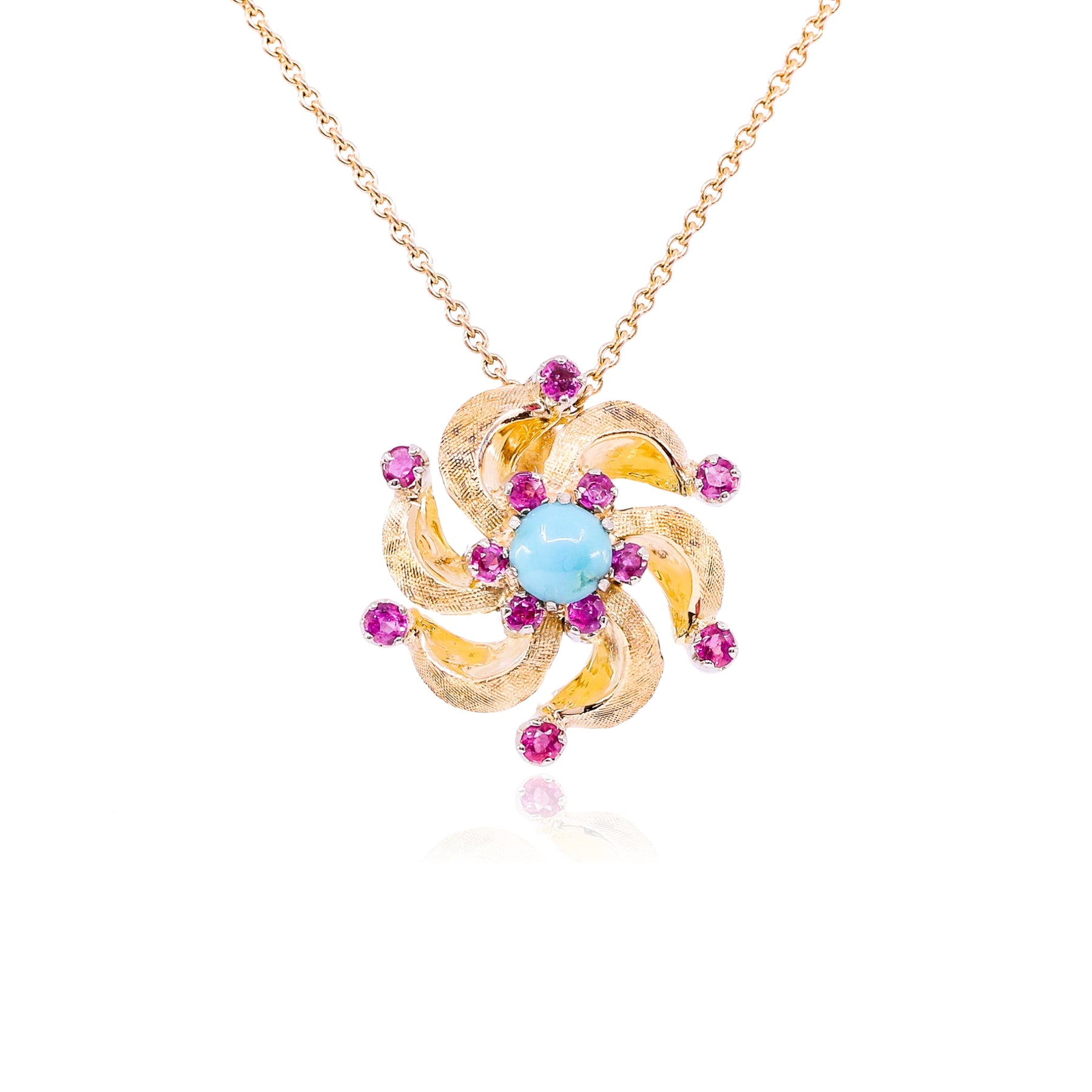 JENNY LIN 18K YELLOW GOLD TURQUOISE AND RUBY PINWHEEL PENDANT NECKLACE