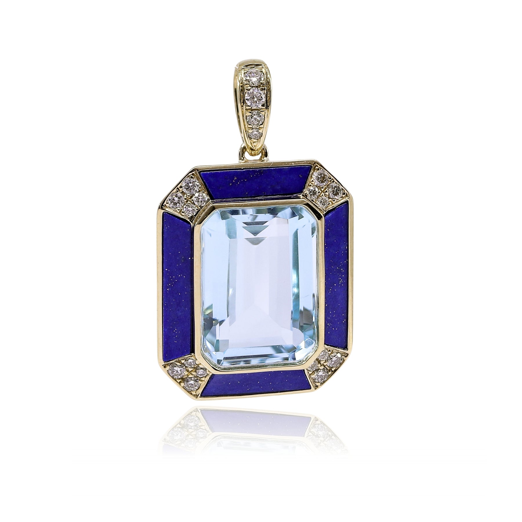 18K YELLOW GOLD SKY BLUE TOPAZ LAPIS LAZULI AND DIAMOND PENDANT