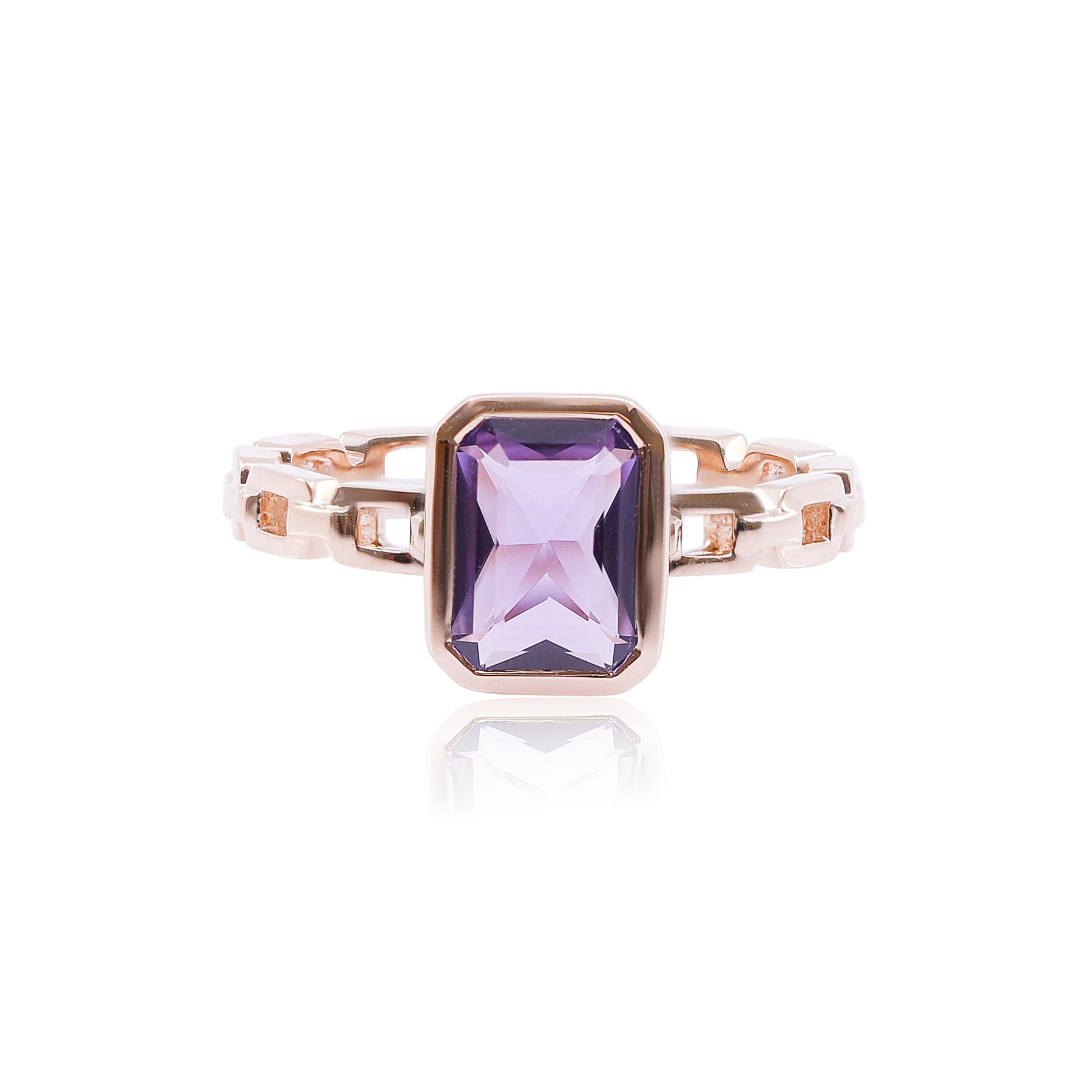 18K ROSE GOLD BEZEL-SET CUSHION AMETHYST CHAIN STYLE RING