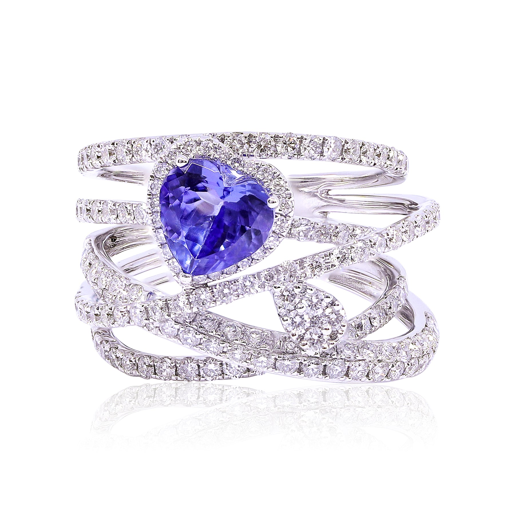 18K WHITE GOLD HEART TANZANITE AND DIAMOND CONTEMPORARY COCKTAIL RING 1.72CTW