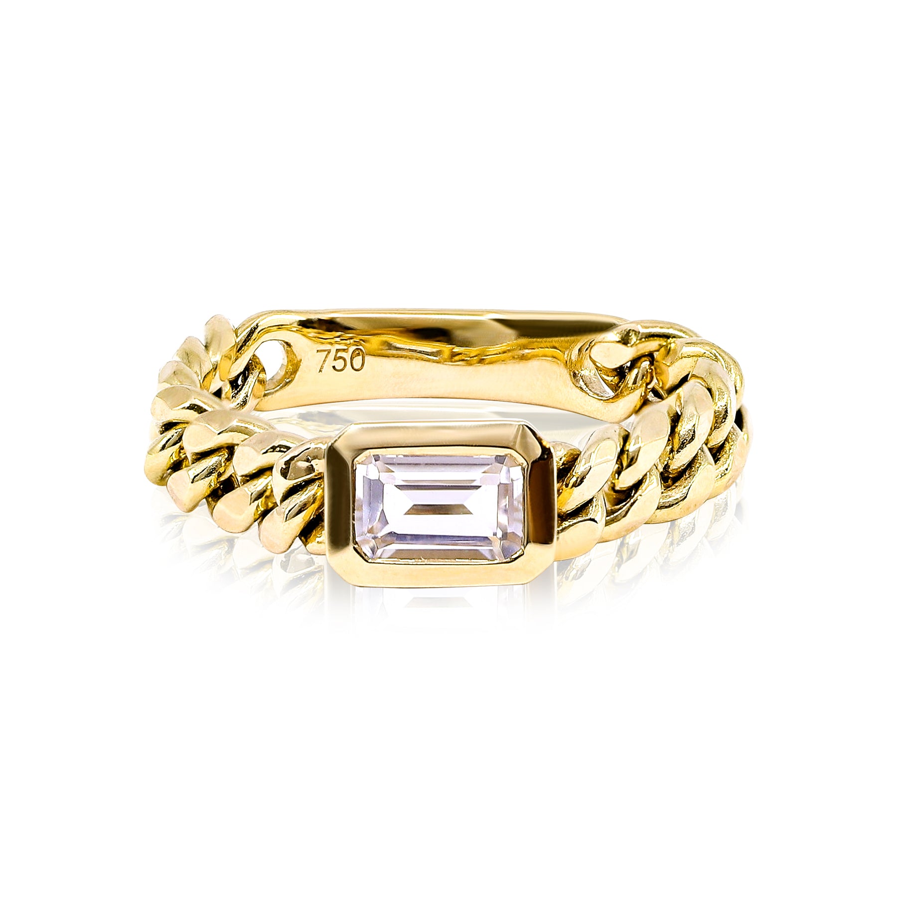 18K YELLOW GOLD EMERALD-CUT WHITE TOPAZ CHAIN RING